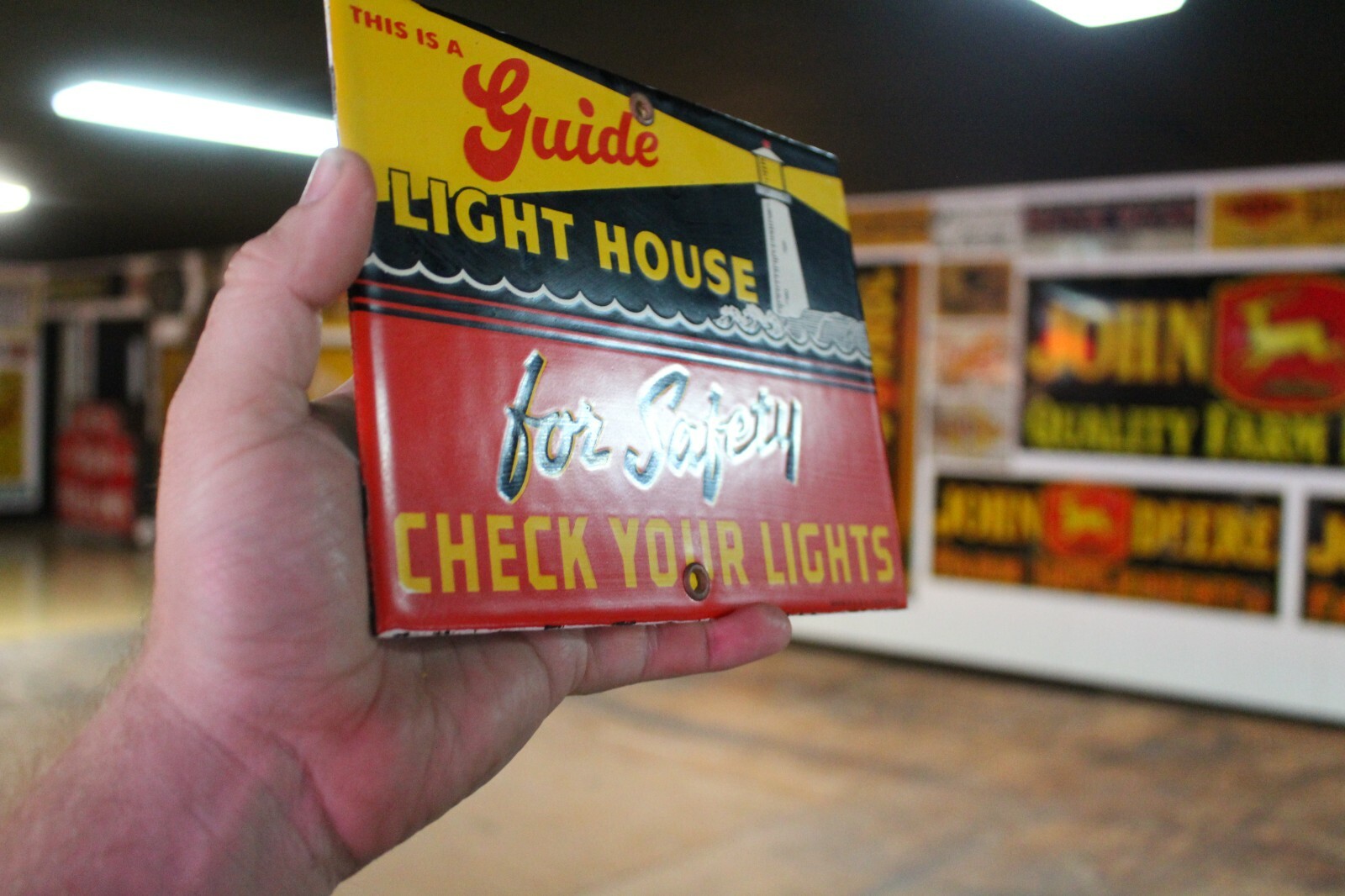 GUIDE LIGHTHOUSE FOR SAFETY SIGN PORCELAIN METAL SIGN CHECK LIGHTS SERVICE GAS