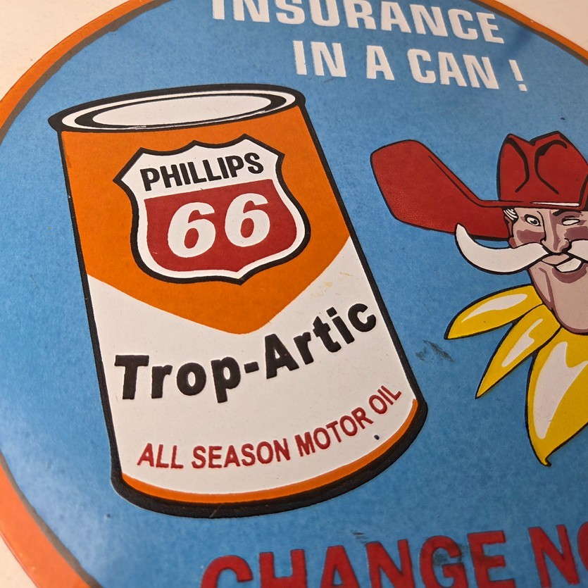 Vintage Phillips 66 Gasoline Sign – Porcelain Cowboy Change Oil Gas Pump Ad Sign