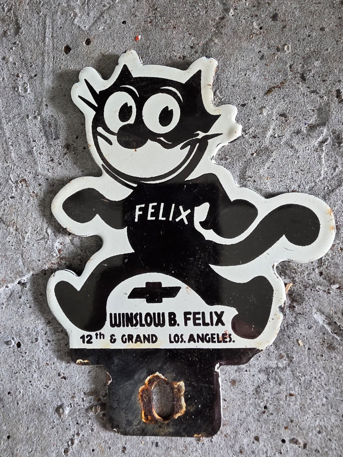 VINTAGE WINSLOW B FELIX CHEVROLET LOS ANGELES PORCELAIN SIGN 4.5″×6″