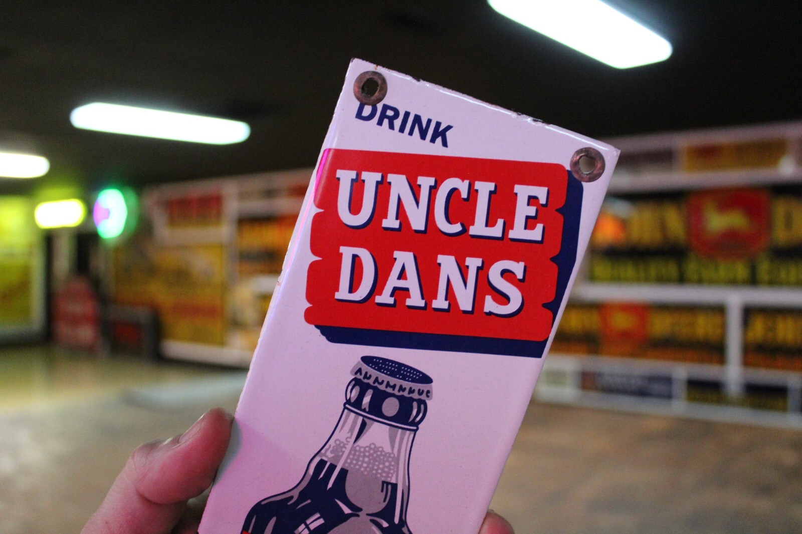 DRINK UNCLE DANS ROOT BEER SODA POP DEALER PORCELAIN METAL SIGN COKE COLA