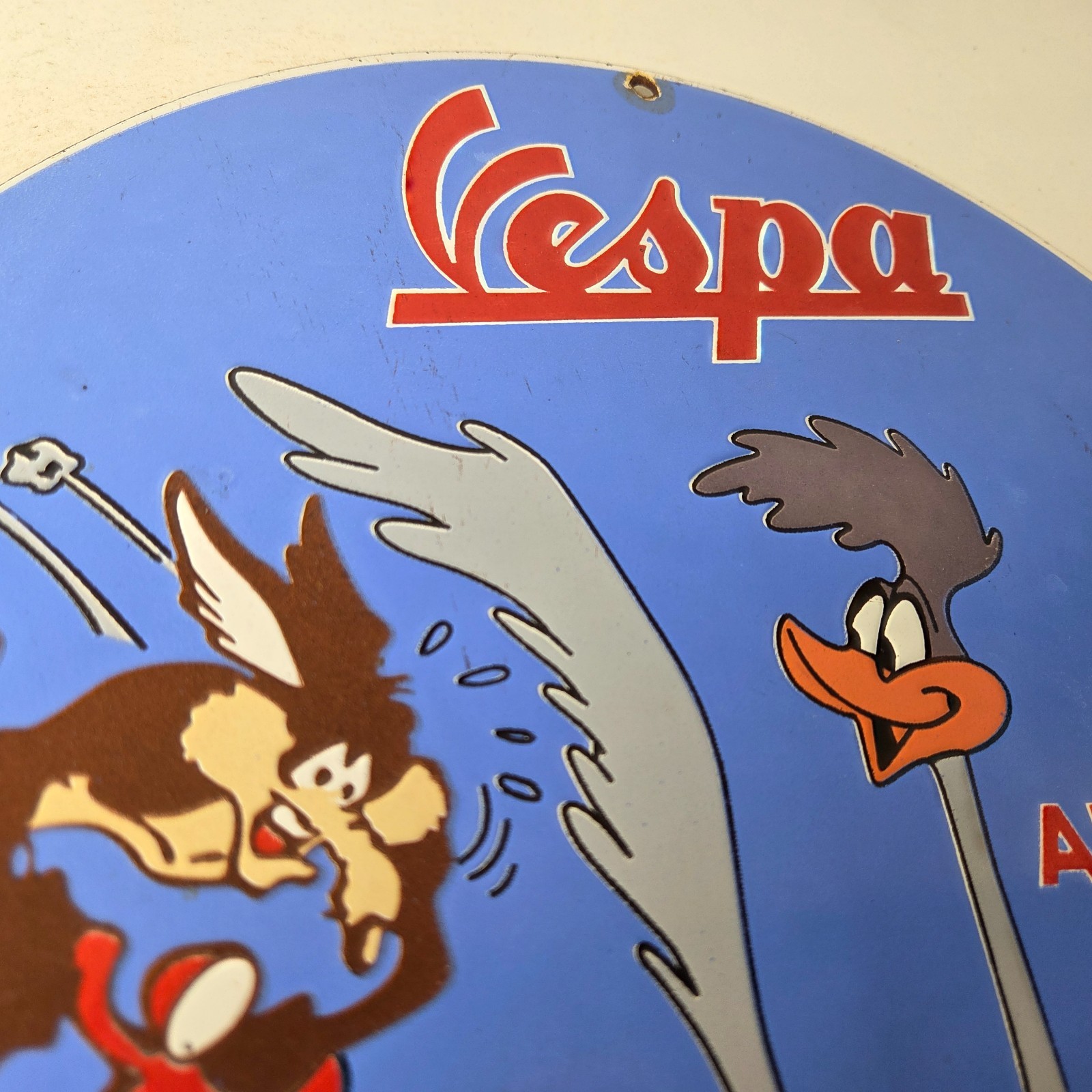 Vintage Vespa Sign – Road Runner Bike Gas Pump Service Station Porcelain Sign
