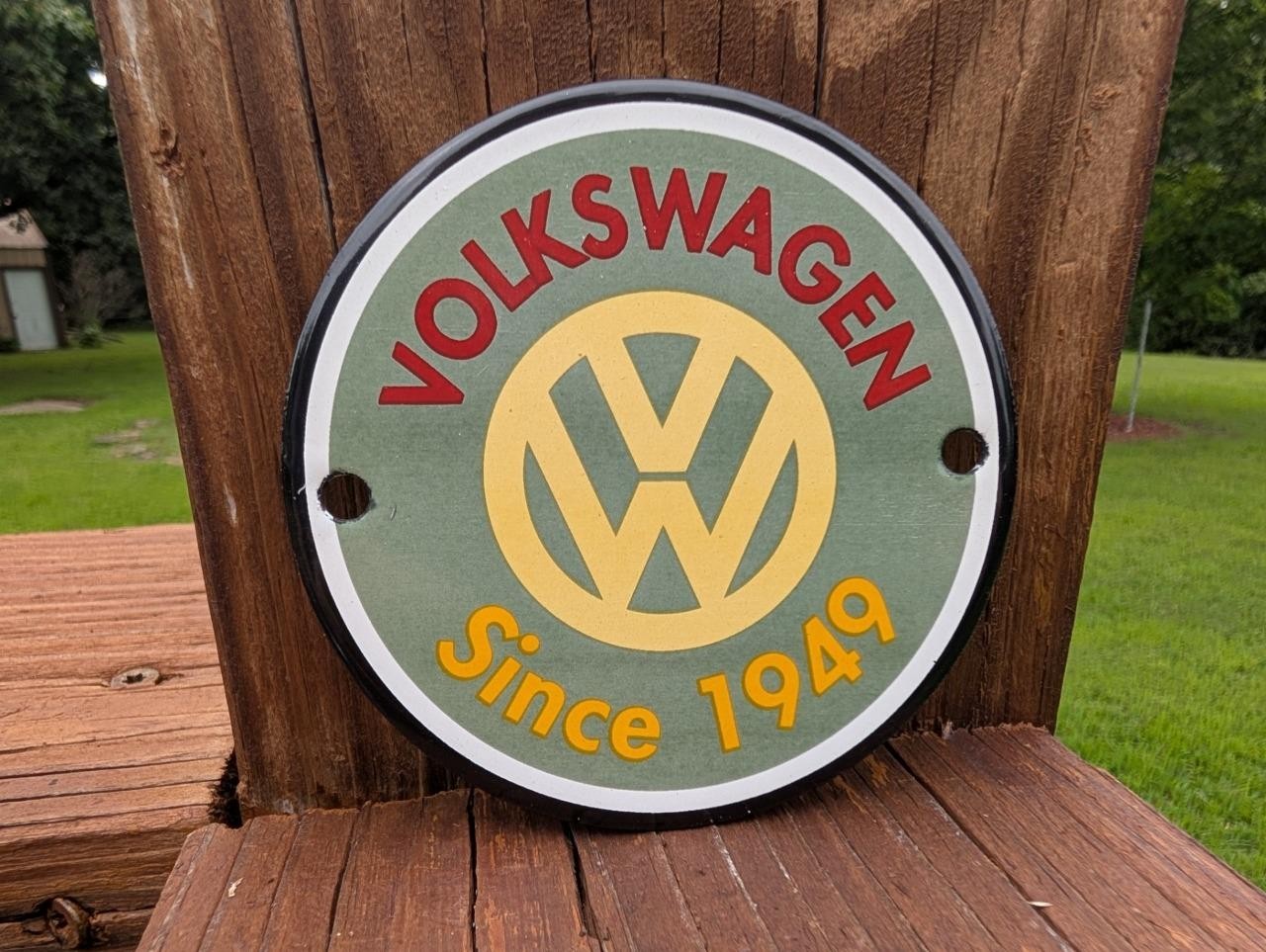 PORCELAIN VOLKSWAGEN SINCE 1949 4 INCH DOOR PUSH AUTOMOBILE DEALER CAR BUG SIGN