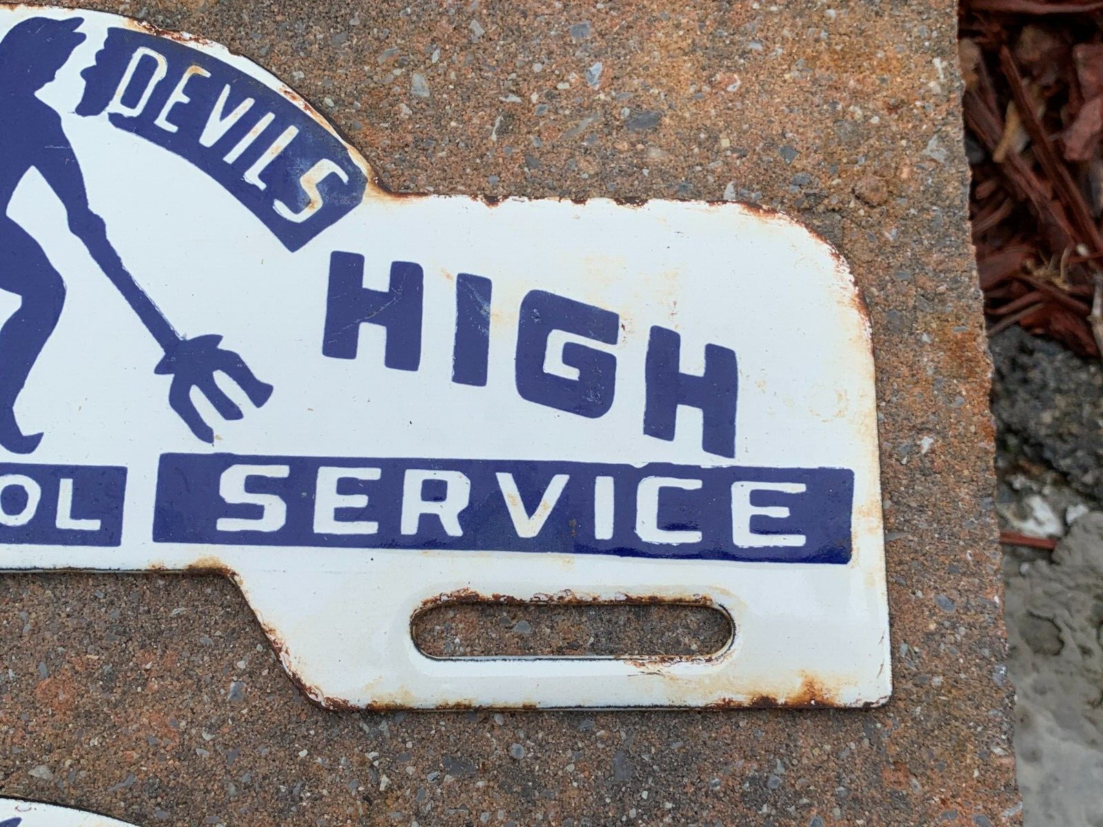 “BATAVIA HIGH BLUE DEVILS, NY” PORCELAIN LICENSE PLATE TAG TOPPERS (LOT OF 2)