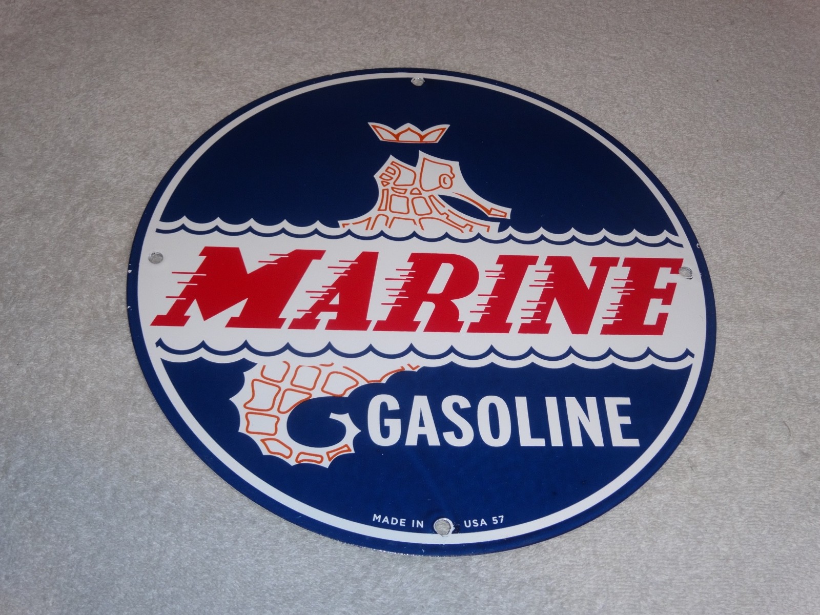 VINTAGE 1957 MARINE GASOLINE EVINRUDE JOHNSON OUTBOARD BOAT MOTOR PORCELAIN SIGN