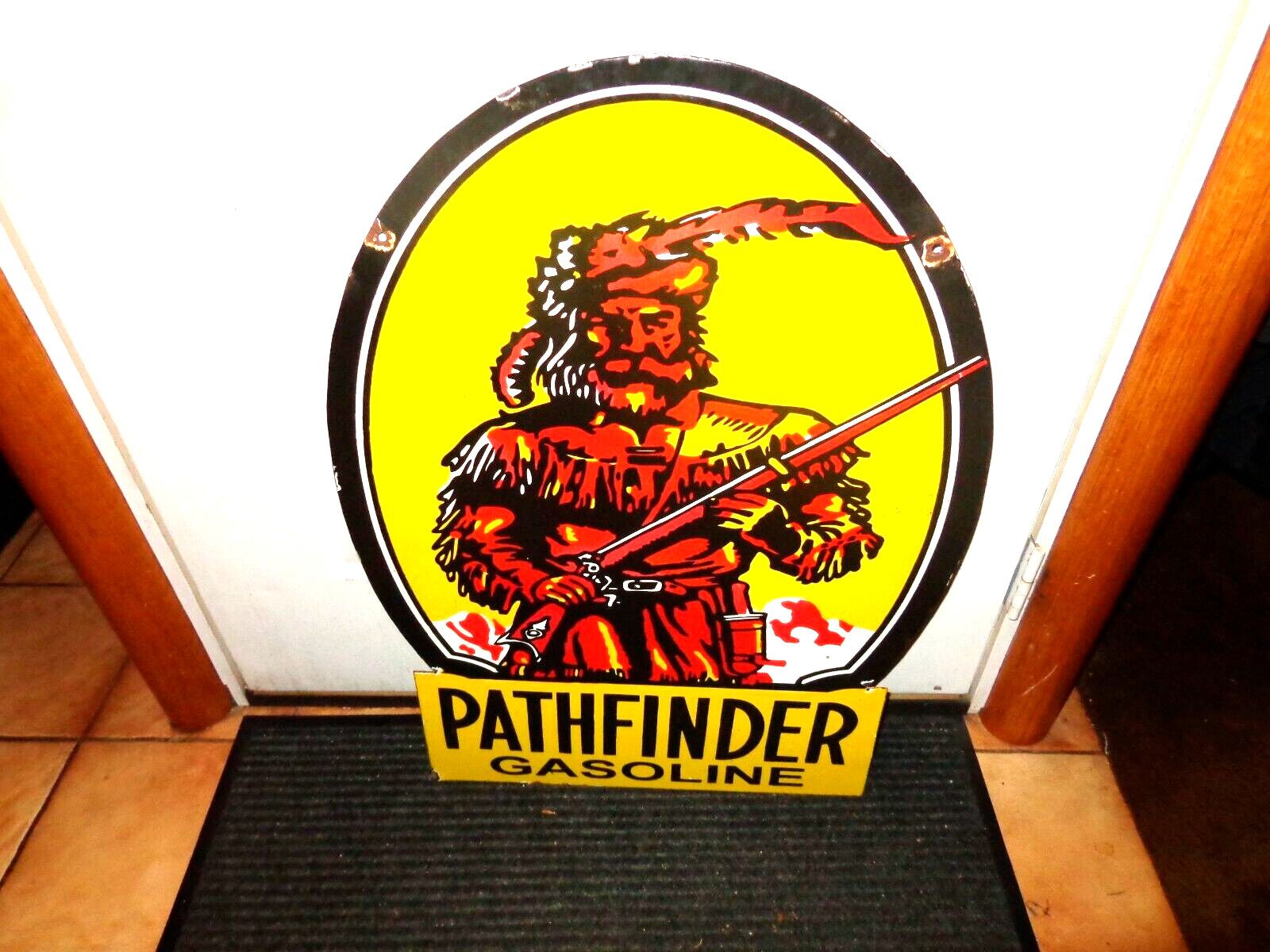 23 x 31 in PATHFINDER GASOLINE ADV. SIGN 2 SIDED DIE CUT METAL PORCELAIN # L 30