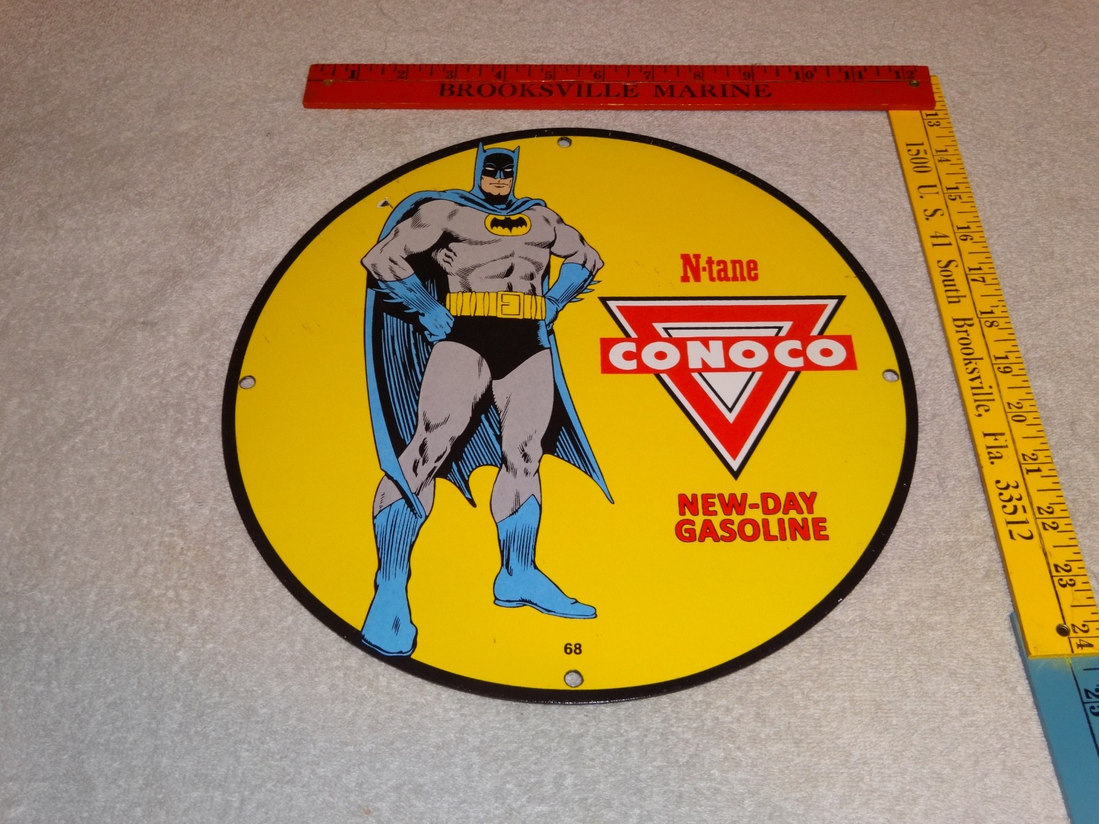 VINTAGE 1968 BATMAN CONOCO GASOLINE 11 3/4″ PORCELAIN METAL OIL ADVENTURES SIGN!