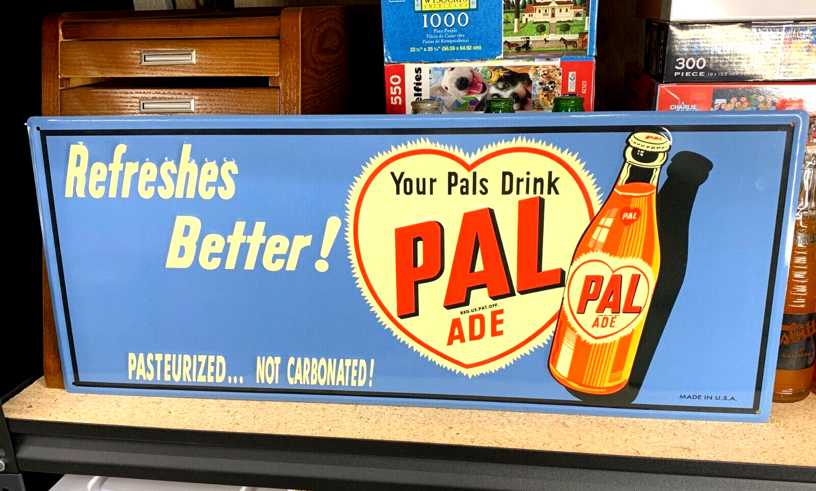 “PAL ADE SODA” EMBOSSED METAL ADVERTISING SIGN (23.5″x 9.5″) NEAR MINT, NICE