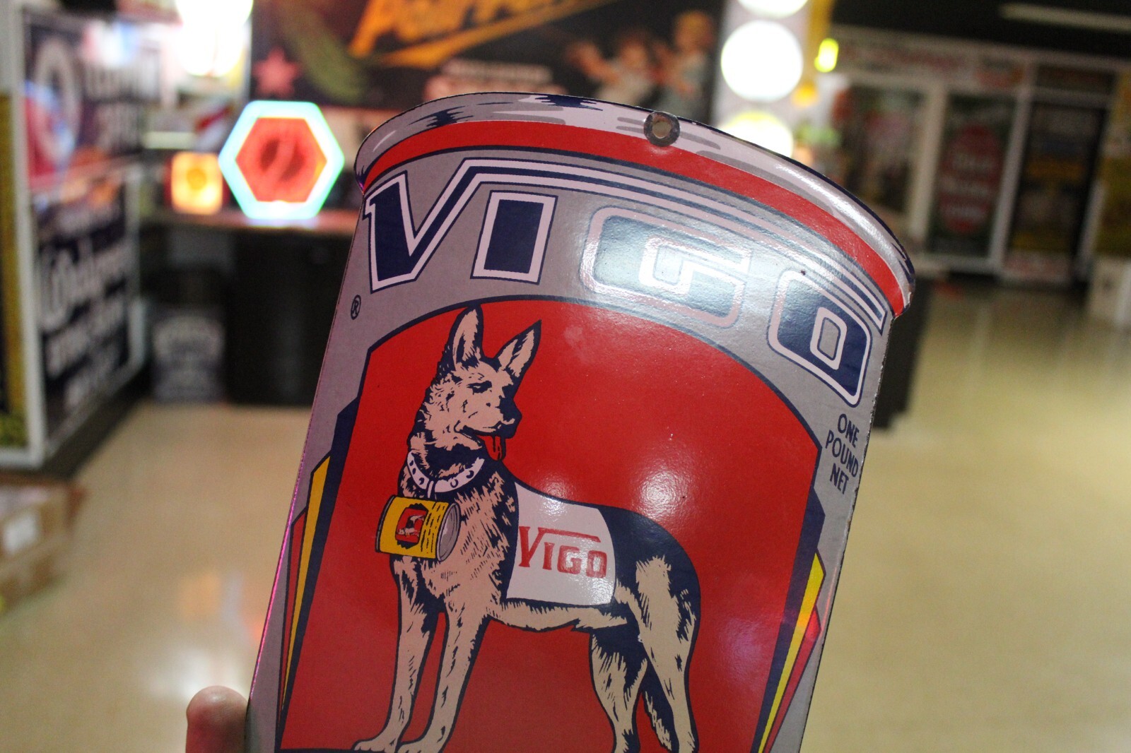 RARE VIGO DOG FOOD DEALER PORCELAIN METAL SIGN CAN SHEPHERD PET STORE GAS OIL