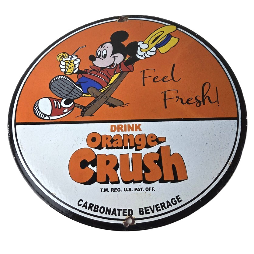 Vintage Porcelain Sign – Orange Crush Beverage Mickey Mouse Gas Pump Sign