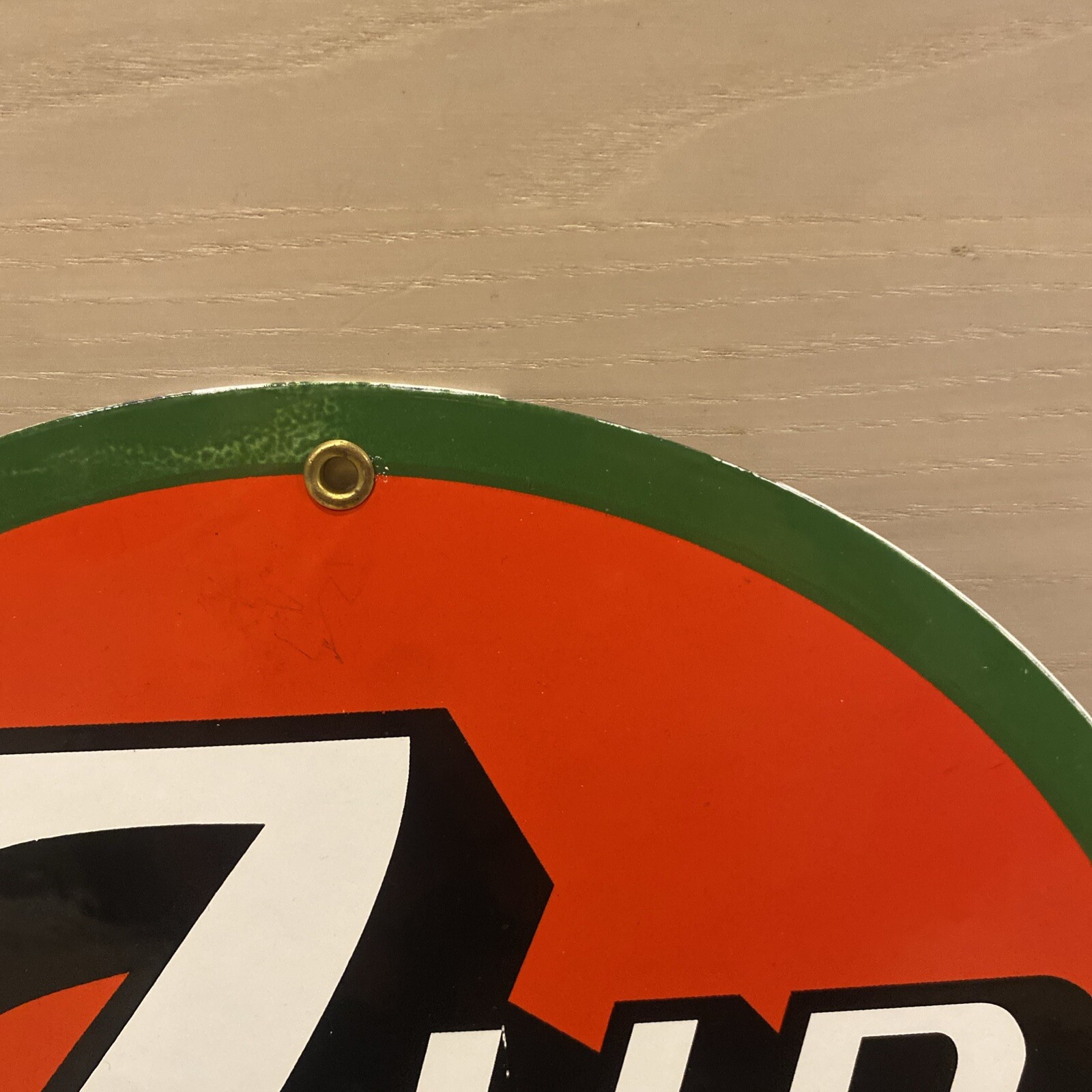 7-UP SODA POP ADVERTISING SIGN HEAVY DIE CUT METAL PORCELAIN 12”