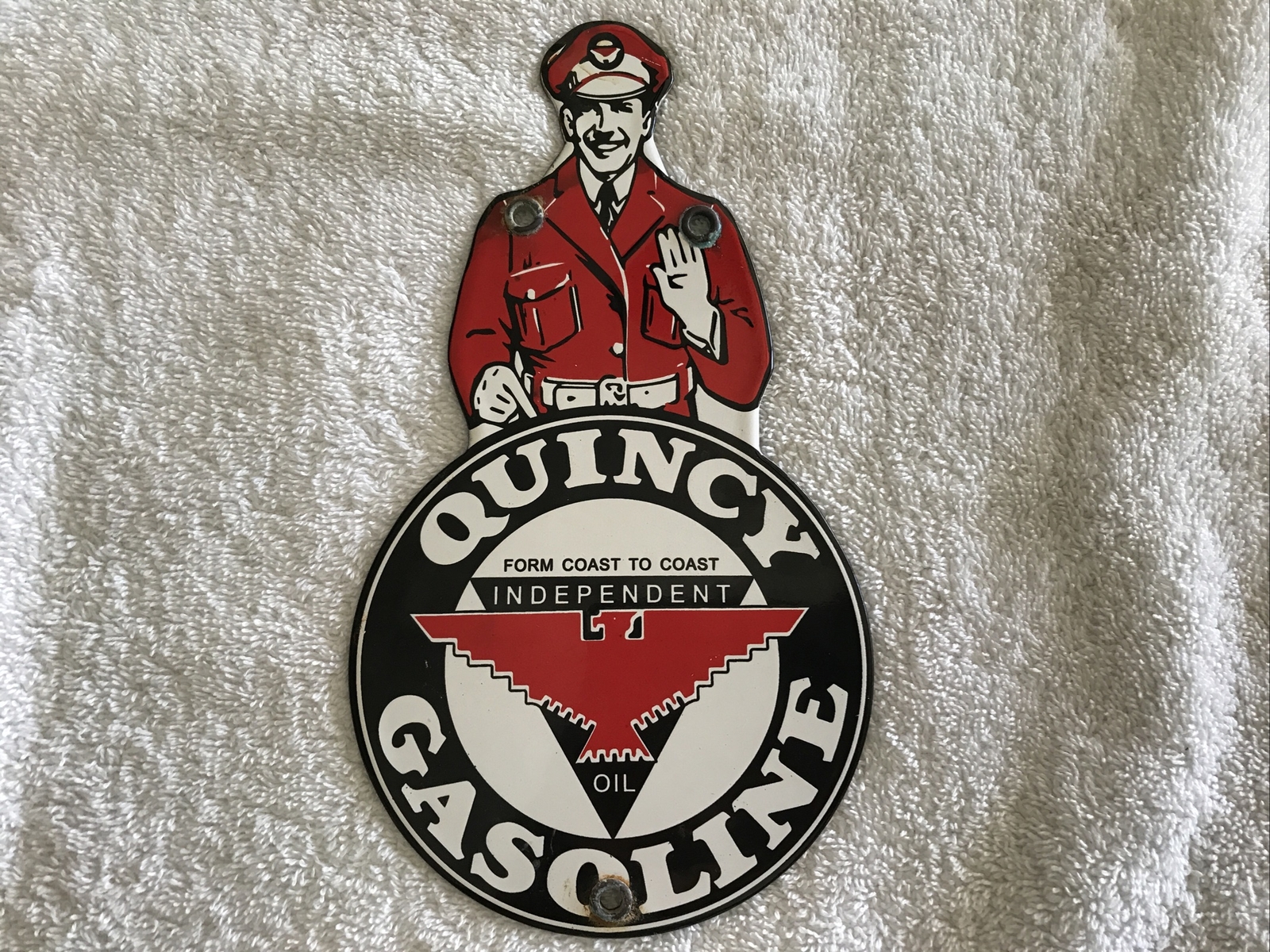 QUINCY GASOLINE, INDEPENDENT OIL, PORCELAIN DIE CUT SIGN
