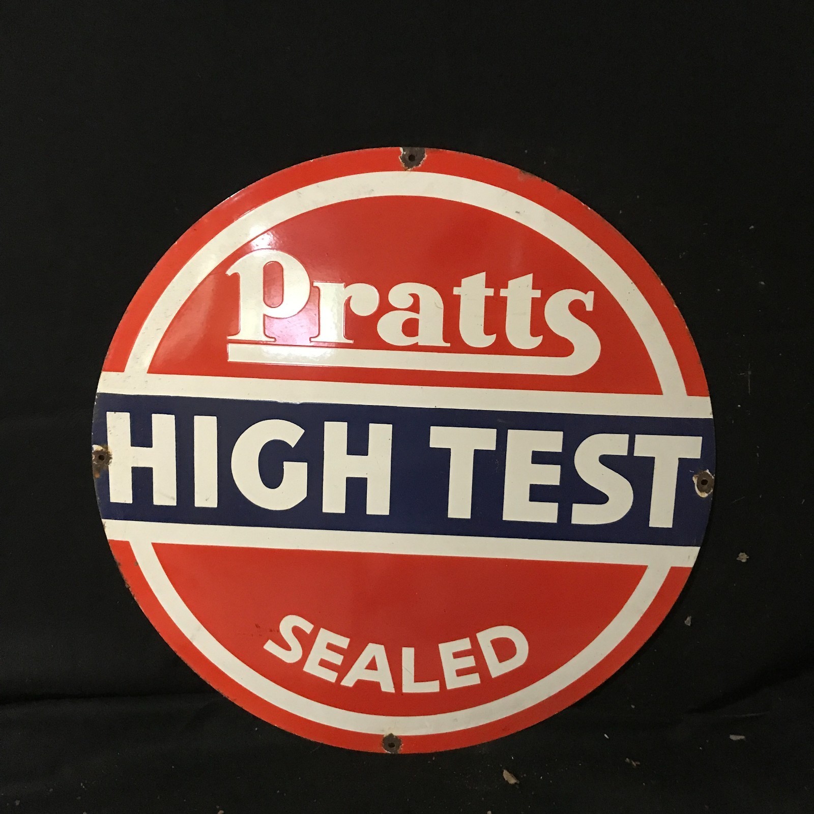 PRATTS HIGH TEST SEAL GASOLINE ADVERTISING PORCELAIN ENAMEL SIGN 30 IN ROUND SS