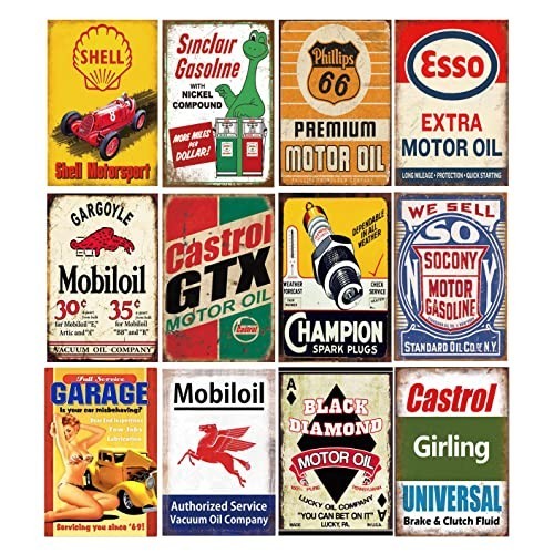 12 Retro Vintage Gas & Oil Tin Signs – Metal Wall Art for Home, Garage, Man Cave
