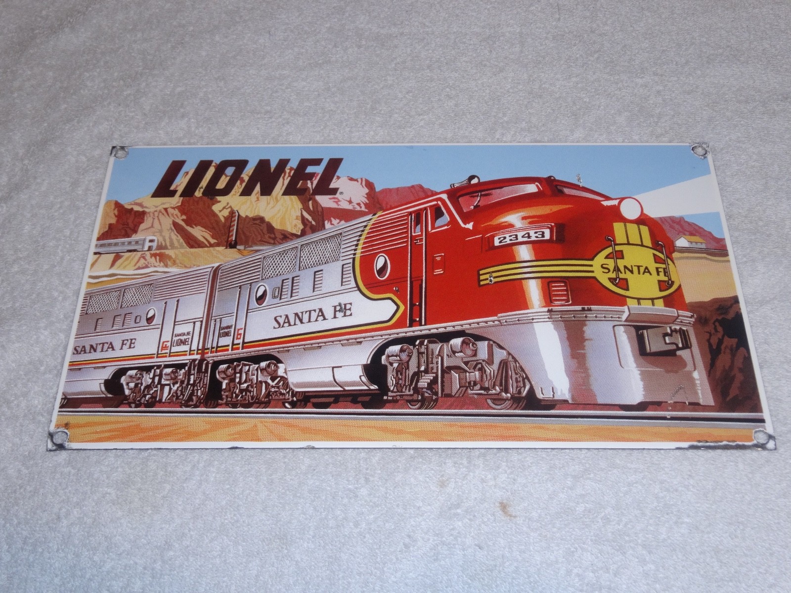 VINTAGE LIONEL SANTA FE TRAIN NORTHERN STEAM LOCOMOTIVE 14″ PORCELAIN METAL SIGN