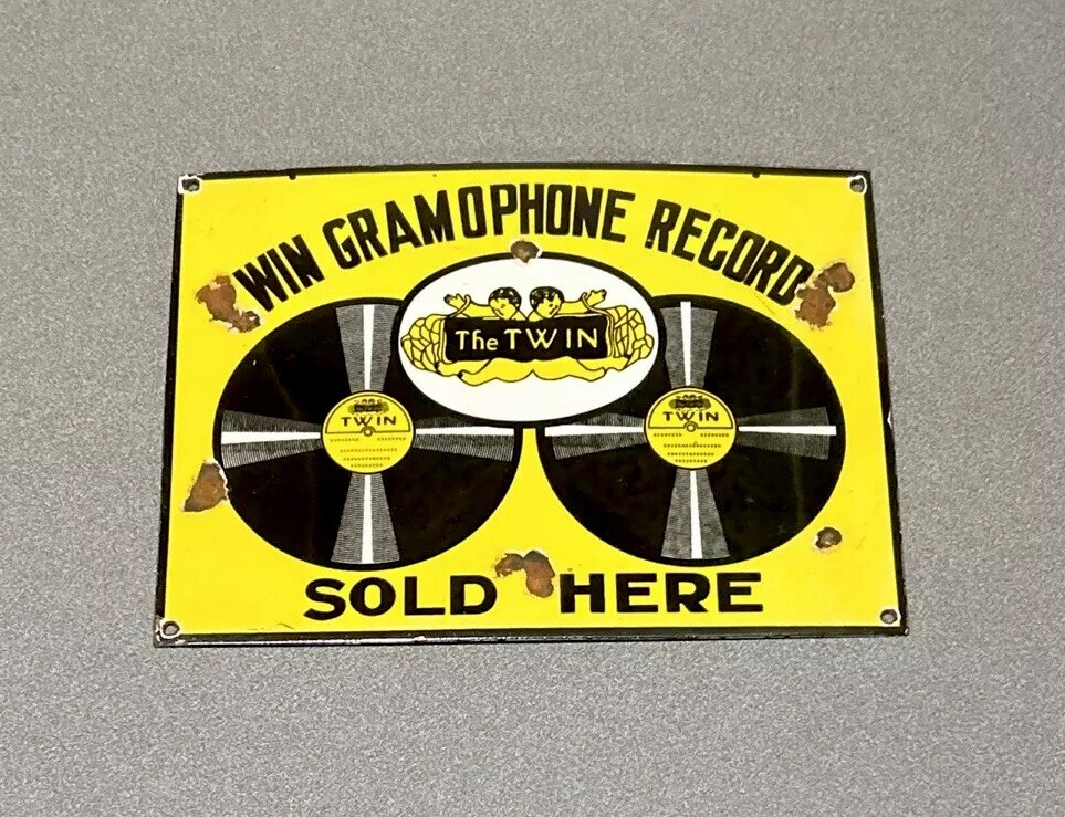 VINTAGE VRARE 12” TWIN RECORDS PORCELAIN SIGN CAR GAS AUTO TRUCK OIL