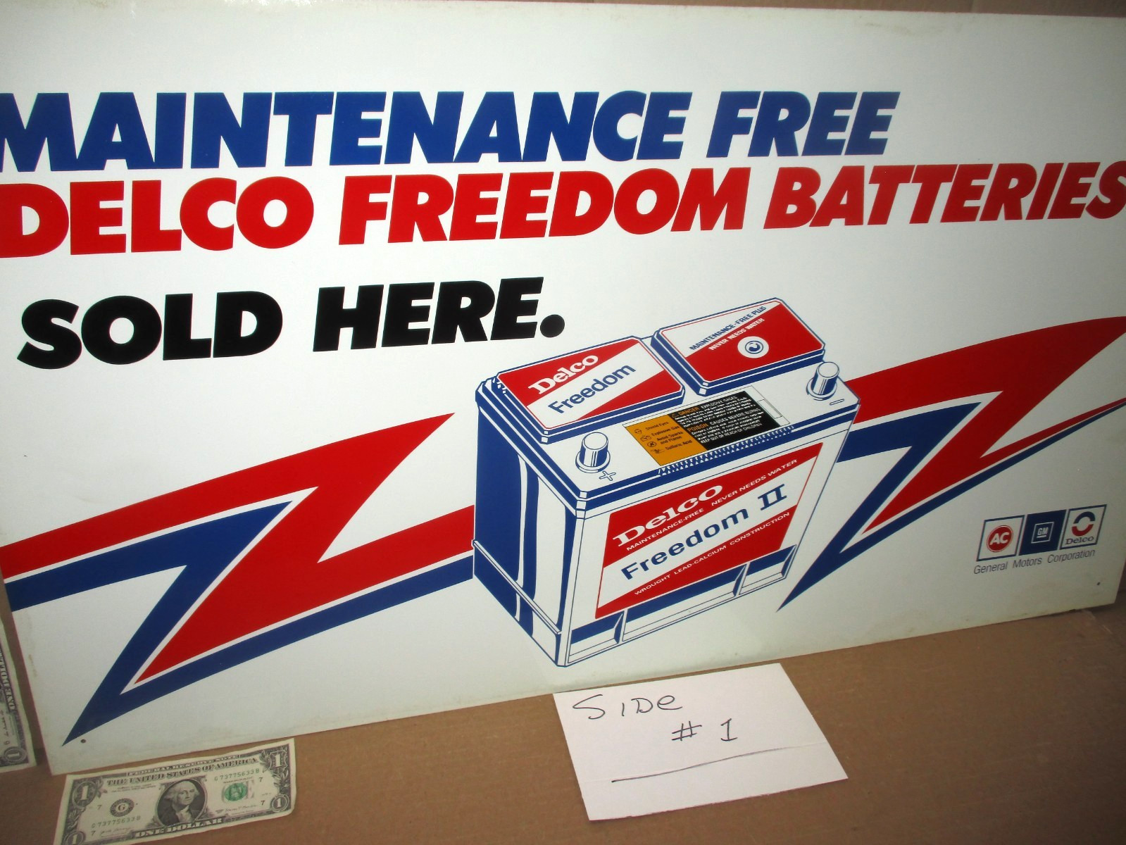 AC DELCO GM -Two Sided- 1970’s Freedom Battery -RED WHITE BLUE- VINTAGE OLD SIGN