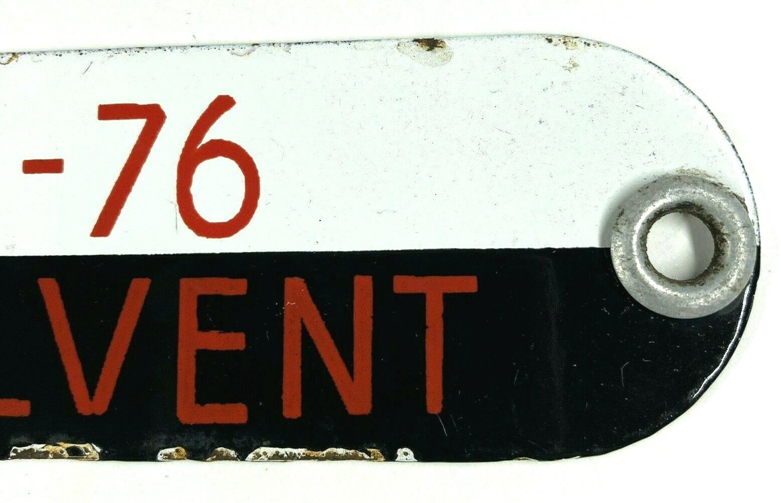 Vintage S-76 Solvent Porcelain Gas Fuel Oil Tag Sign Badge – Black, White & Red
