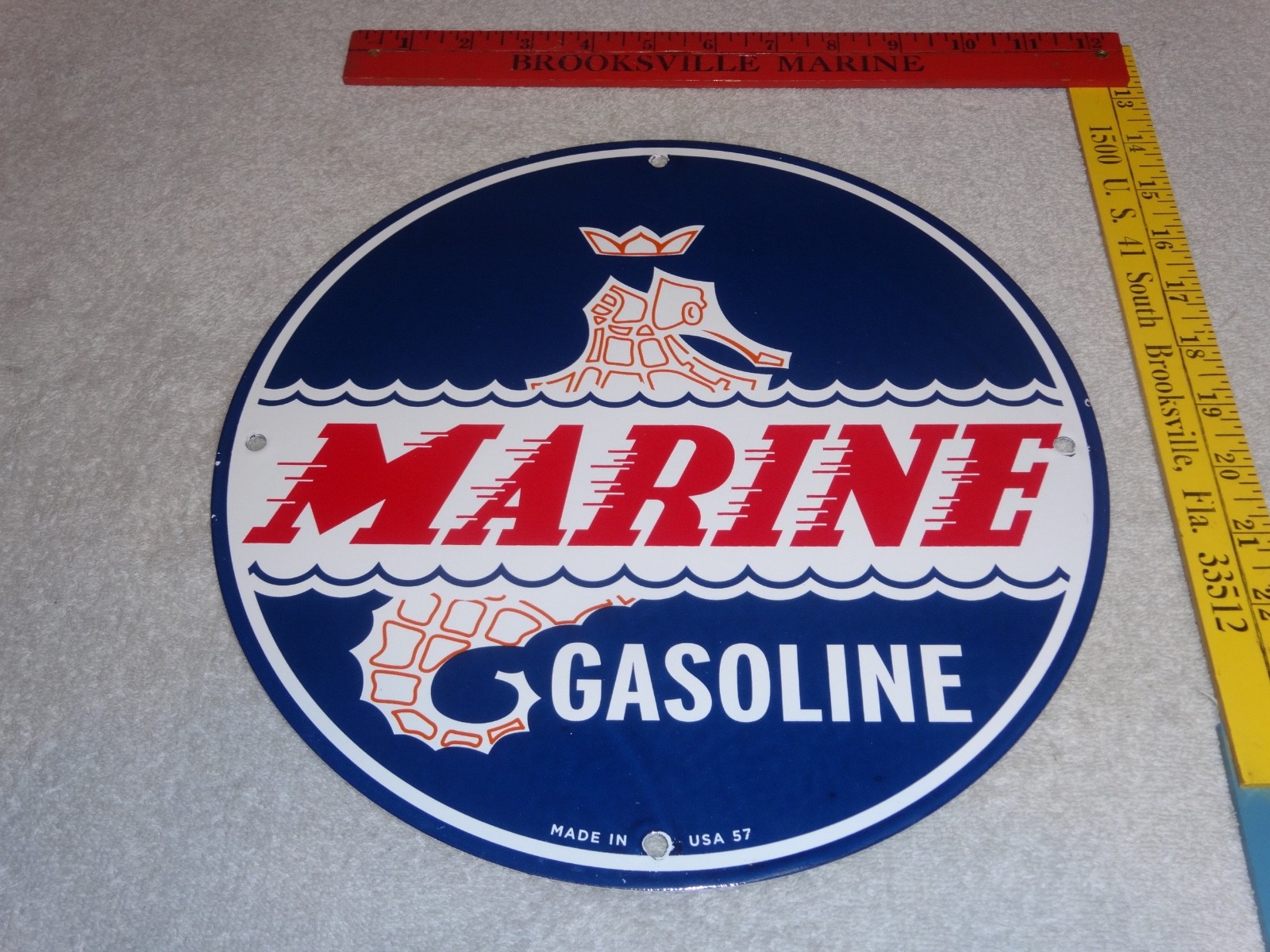 VINTAGE 1957 MARINE GASOLINE EVINRUDE JOHNSON OUTBOARD BOAT MOTOR PORCELAIN SIGN