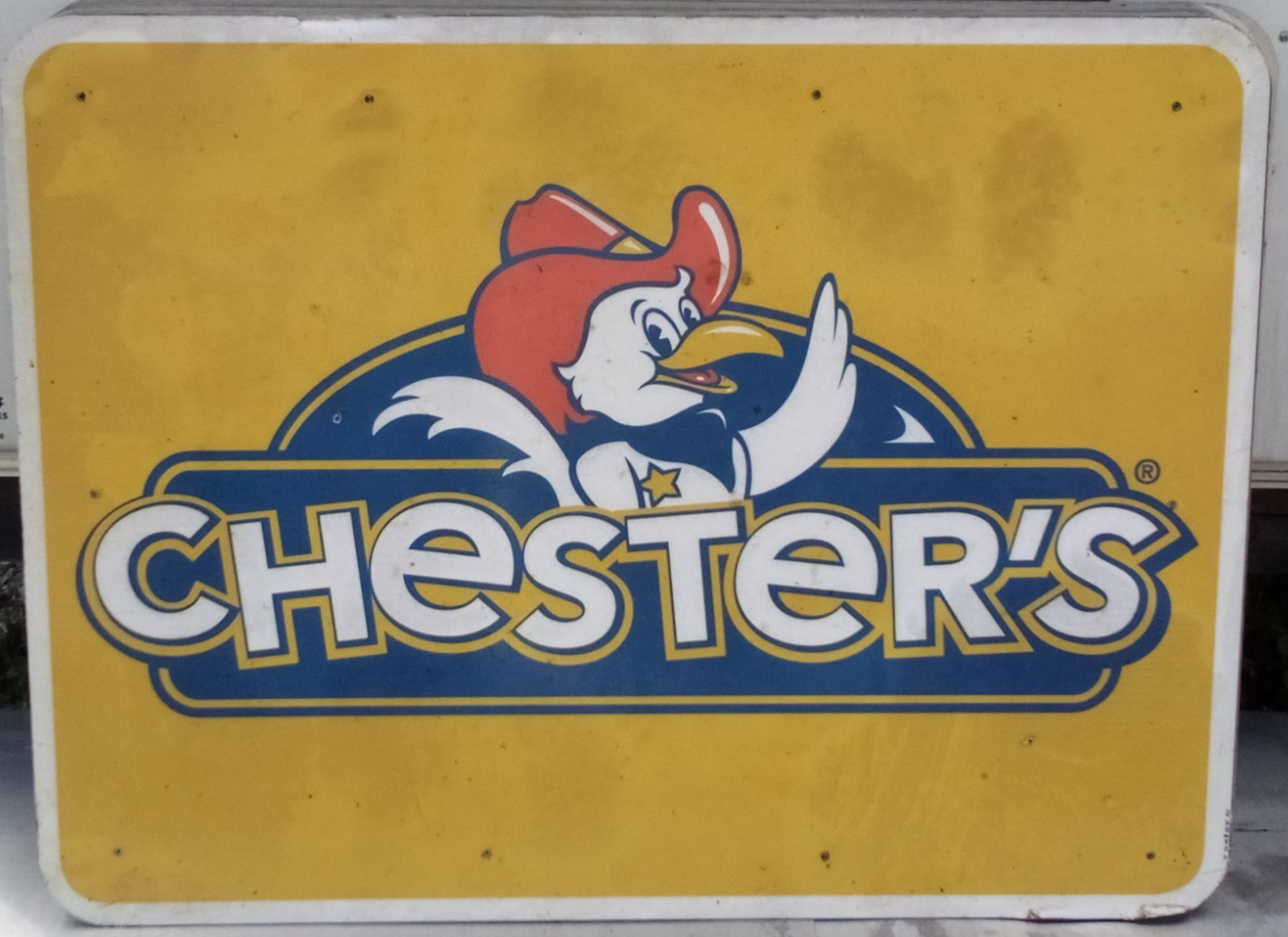 AUTHENTIC RETIRED ADVERTISING HWY EXIT SIGN CHESTER’S CHICKEN 48X36 A56