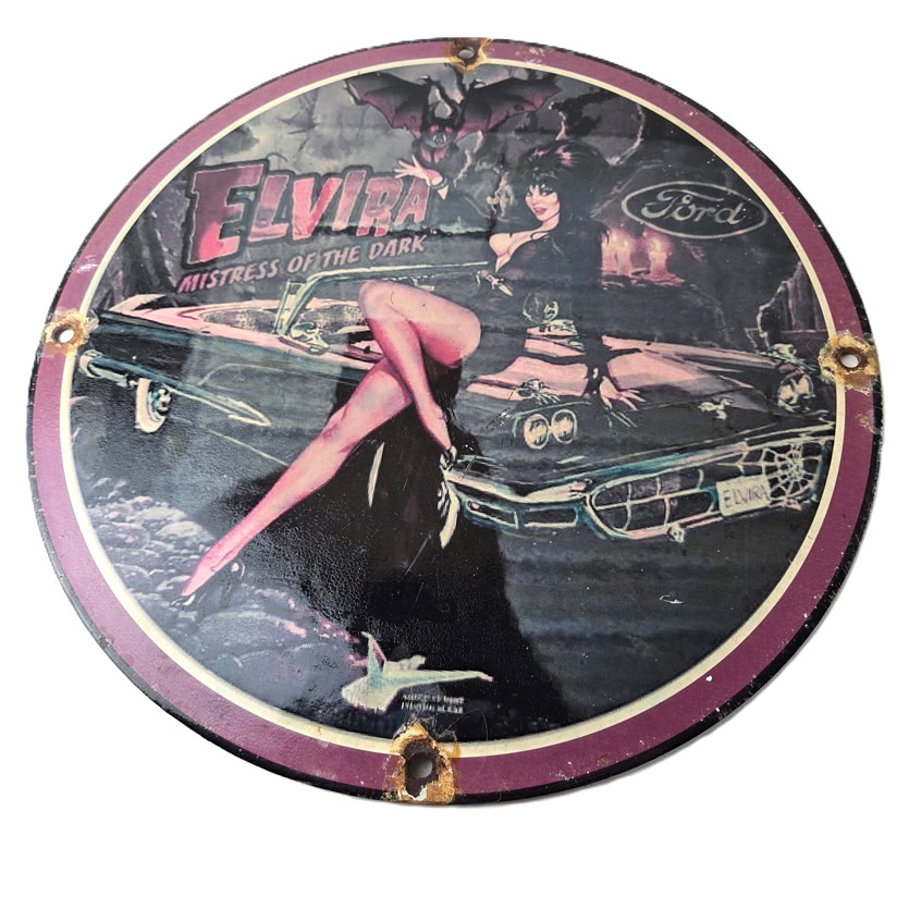 Vintage Ford Sign – Elvira Mistress Porcelain Gas Pump Station Sign