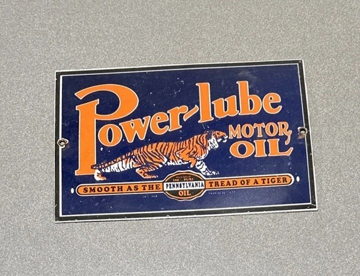 VINTAGE 12” POWERLUBE TIGER CAT PORCELAIN SIGN CAR GAS OIL MOTORCYCLE