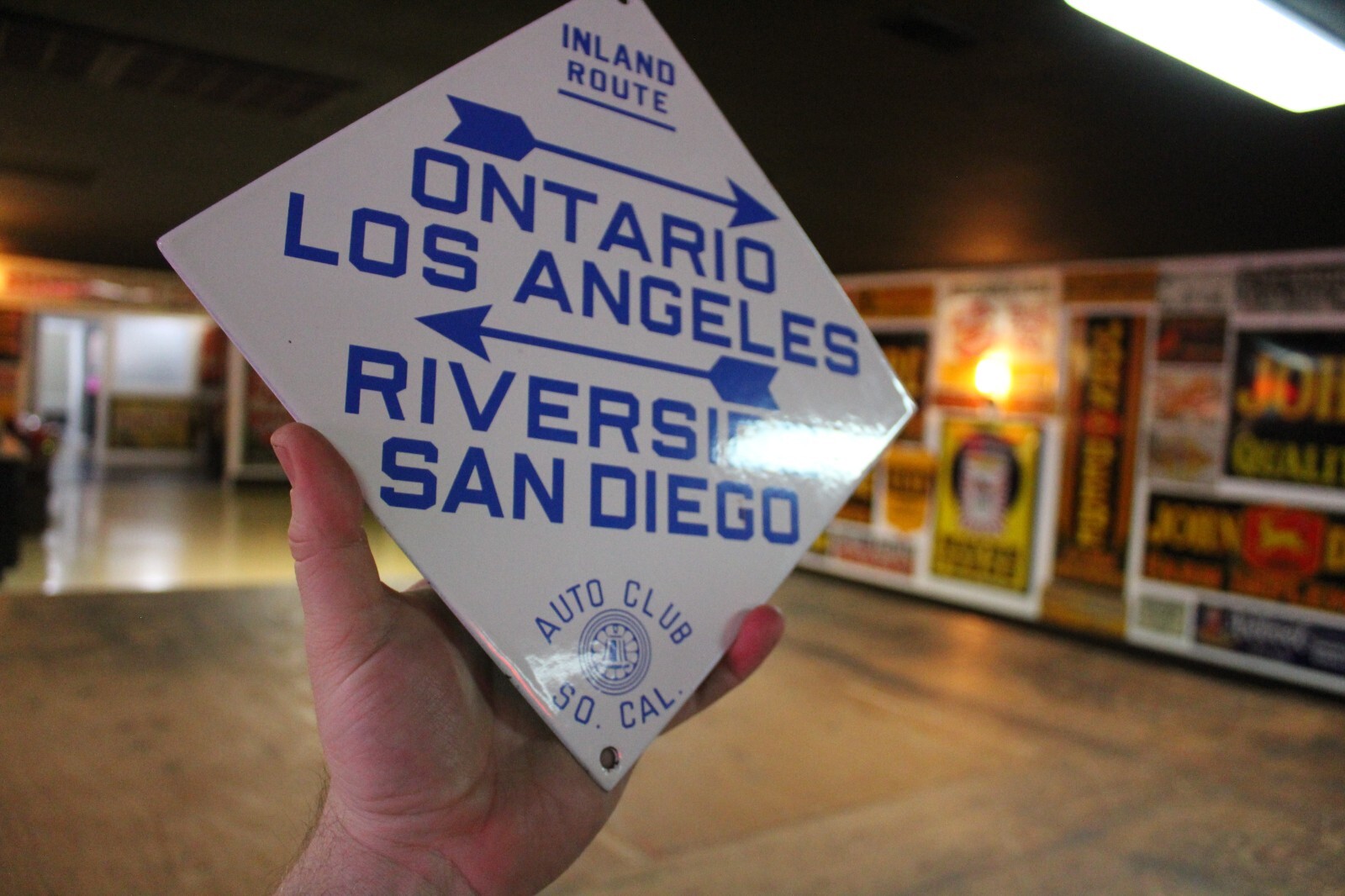 CALIFORNIA AUTO CLUB LOS ANGELES ONTARIO METAL PORCELAIN ROAD SIGN GAS OIL