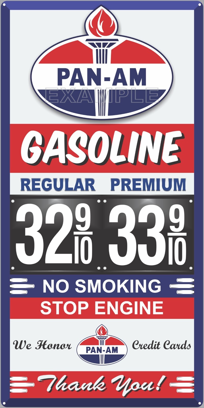 PAN AM GAS STATION PRICE PER GALLON OLD PUMP SIGN REMAKE ALUMINUM SIZE OPTIONS