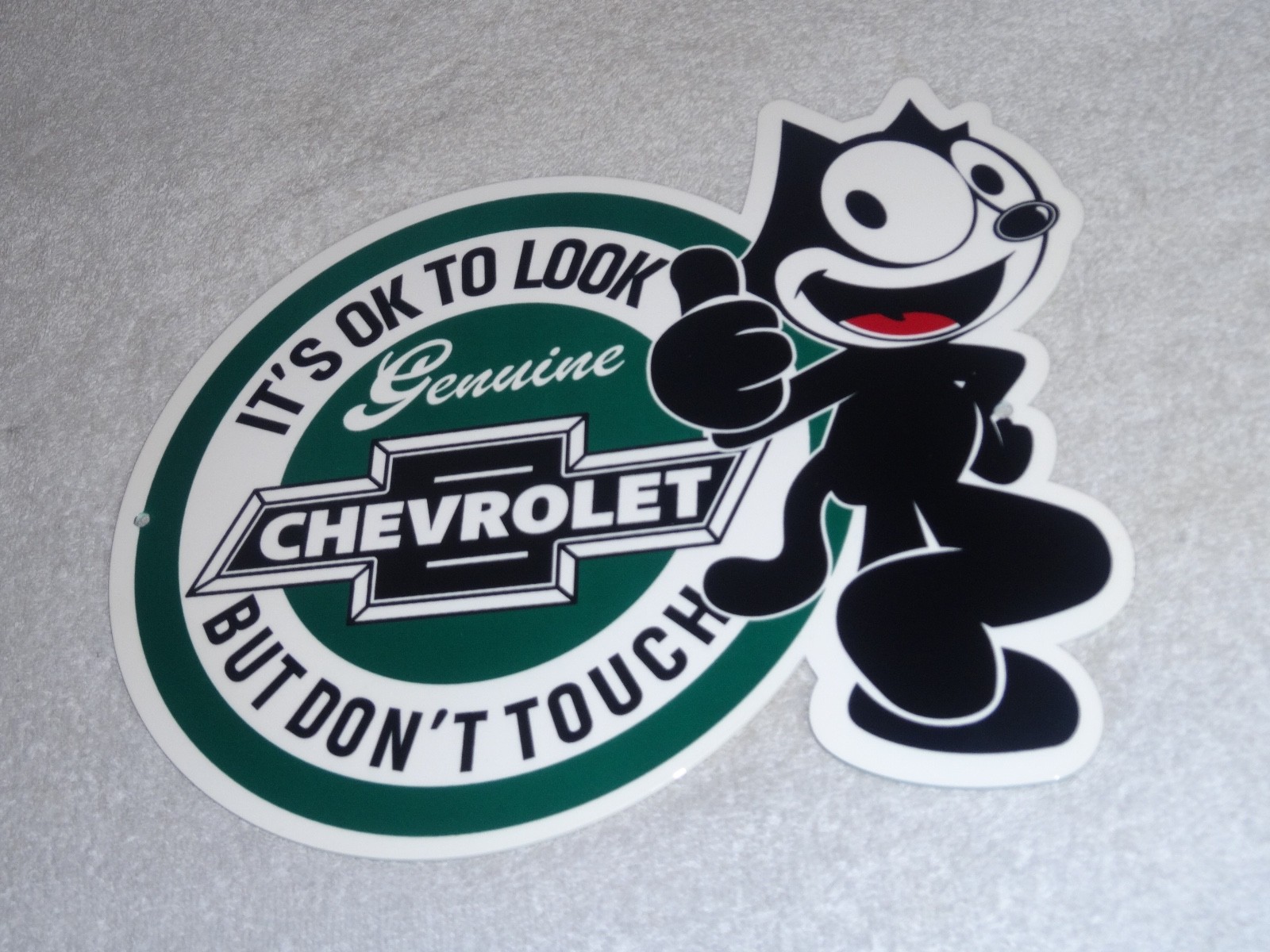 VINTAGE CHEVROLET FELIX THE CAT LOOK DONT TOUCH 12″ CAR TRUCK METAL GAS OIL SIGN