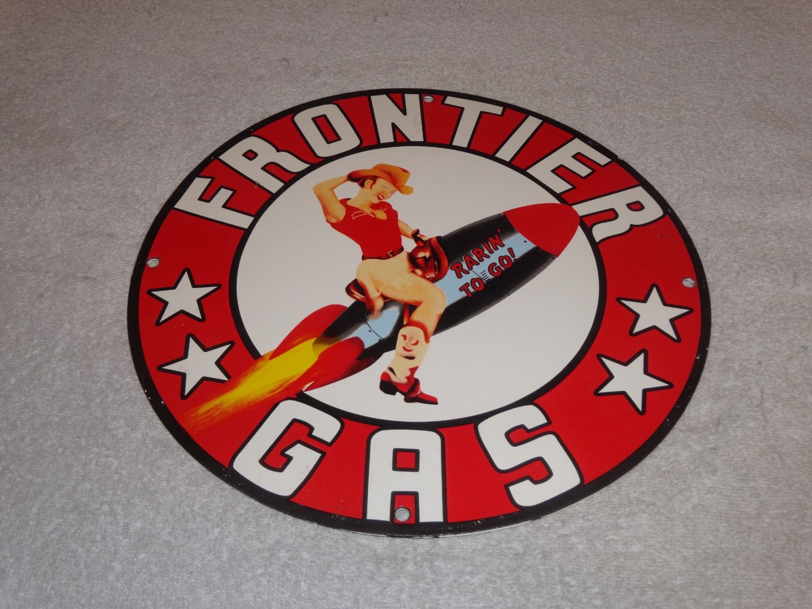 VINTAGE FRONTIER GASOLINE WOMAN ON ROCKET 11 3/4″ PORCELAIN METAL GAS & OIL SIGN