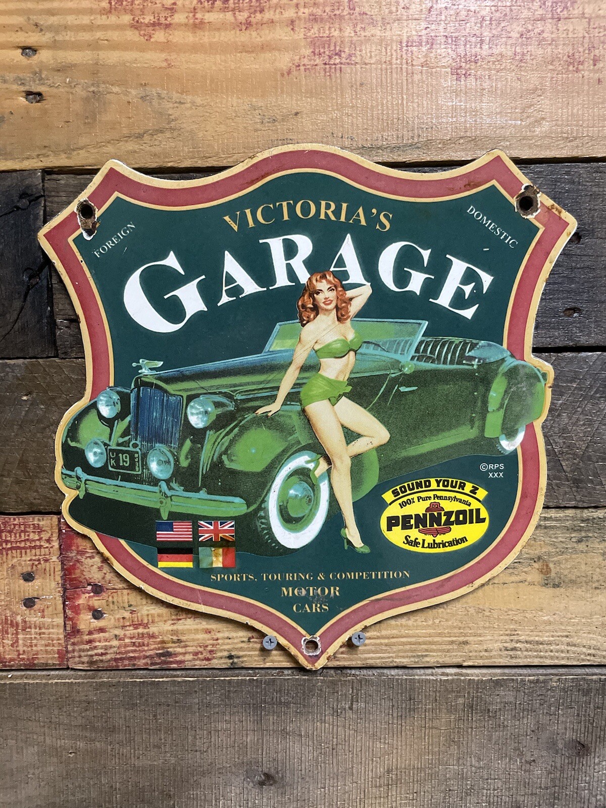 VINTAGE PENNZOIL PORCELAIN SHIELD SIGN VICTORIAS GAS & OIL GARAGE SERVICE WOMAN