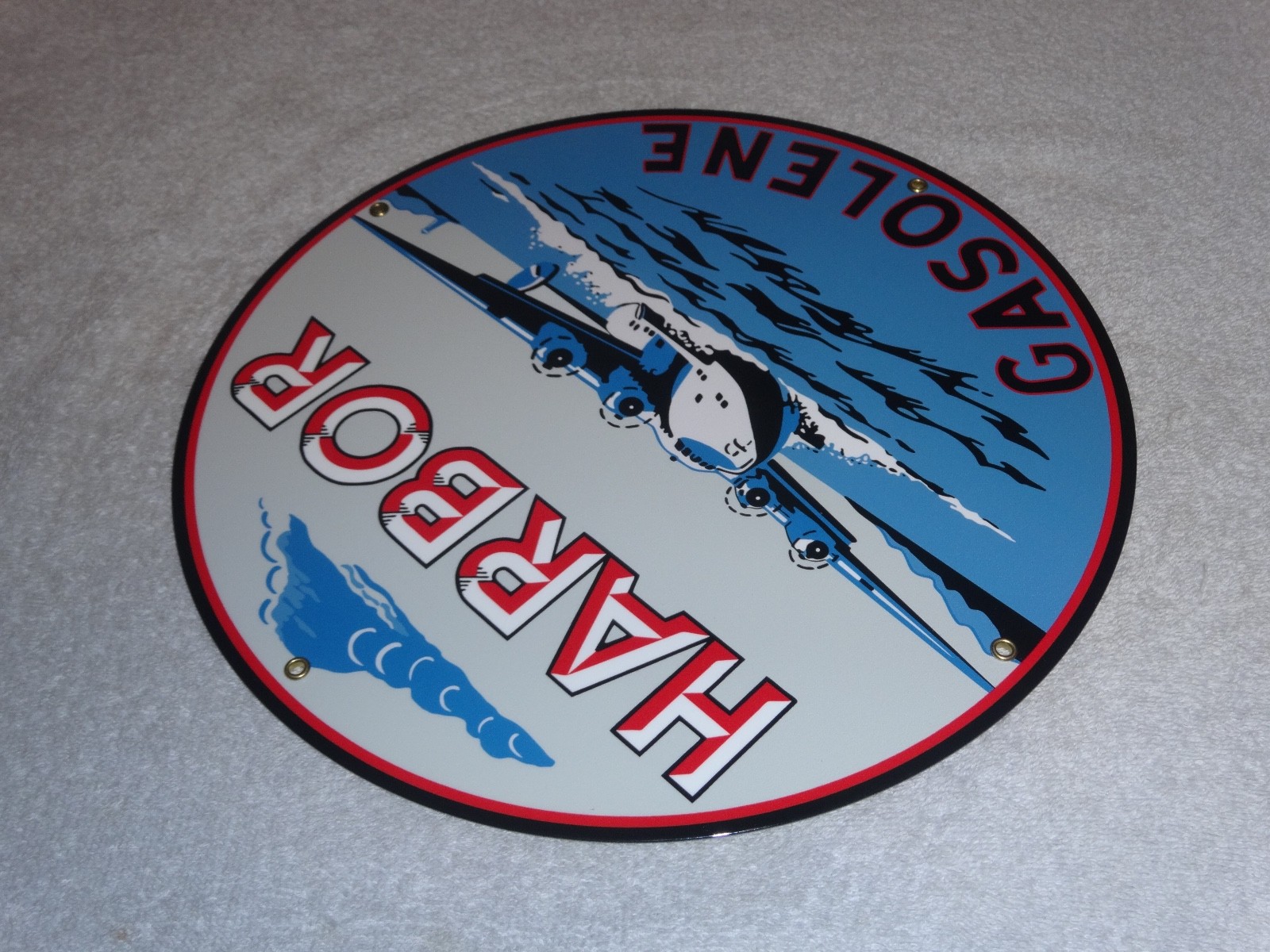 VINTAGE HARBOR GASOLINE AIRPLANE SEAPLANE 11 3/4″ PORCELAIN METAL GAS & OIL SIGN