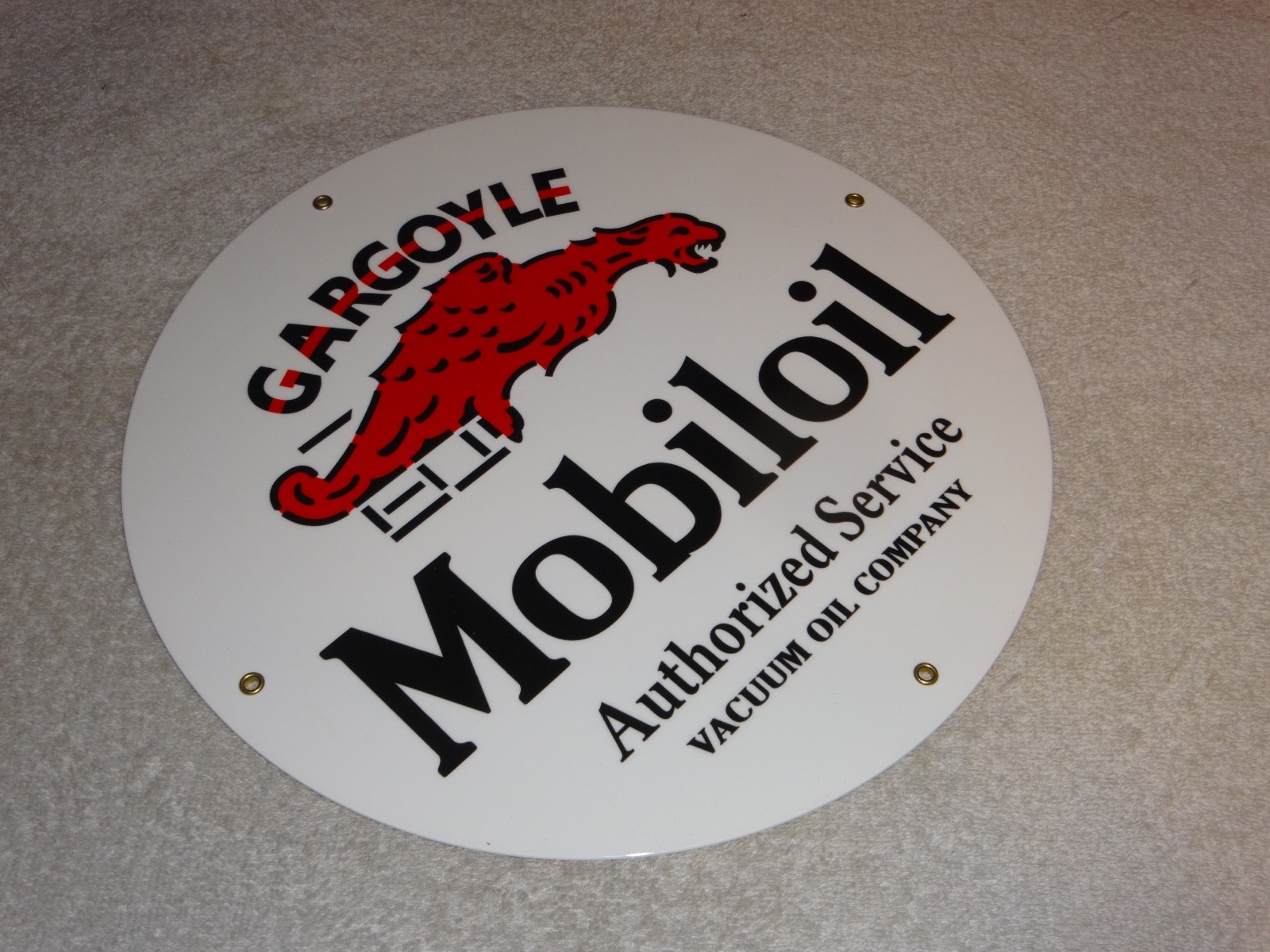 VINTAGE “MOBIL MOBILOIL W/ GARGOYLE” 11 3/4″ PORCELAIN METAL GASOLINE & OIL SIGN