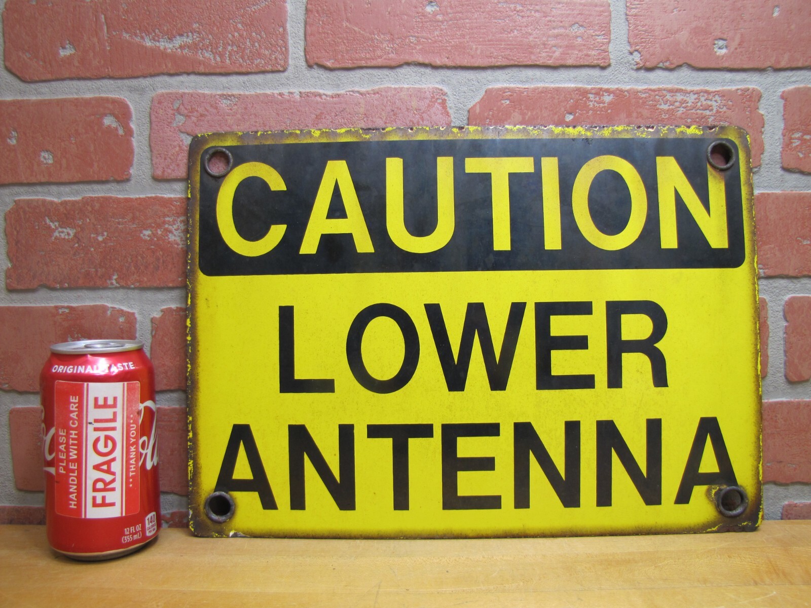 CAUTION LOWER ANTENNA Original Old Porcelain Sign Shop Car Wash Industrial RR