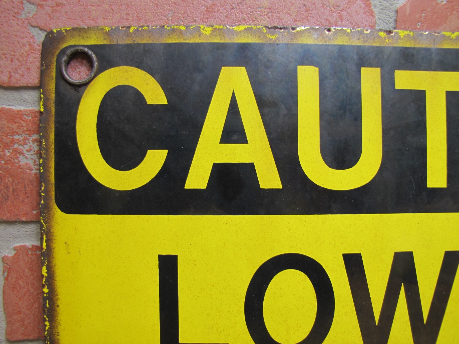 CAUTION LOWER ANTENNA Original Old Porcelain Sign Shop Car Wash Industrial RR