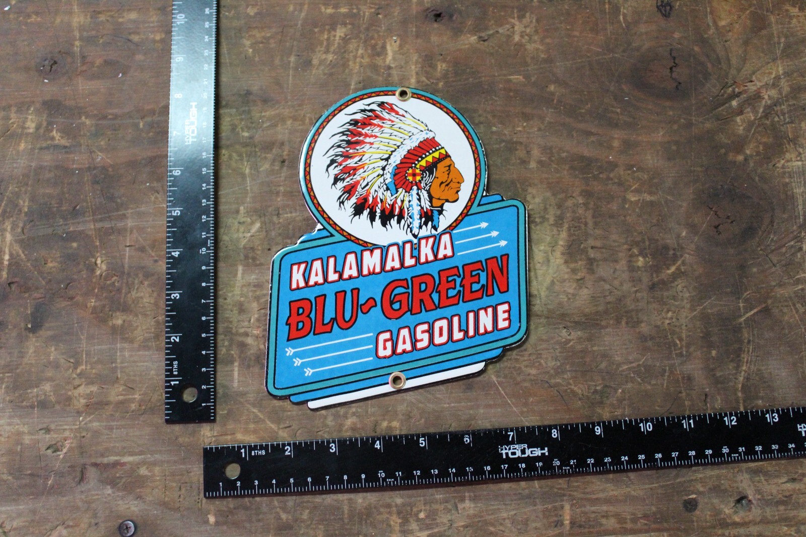 KALAMALKA BLU-GREEN GASOLINE DEALER PORCELAIN METAL SIGN GAS OIL FORD INDIAN
