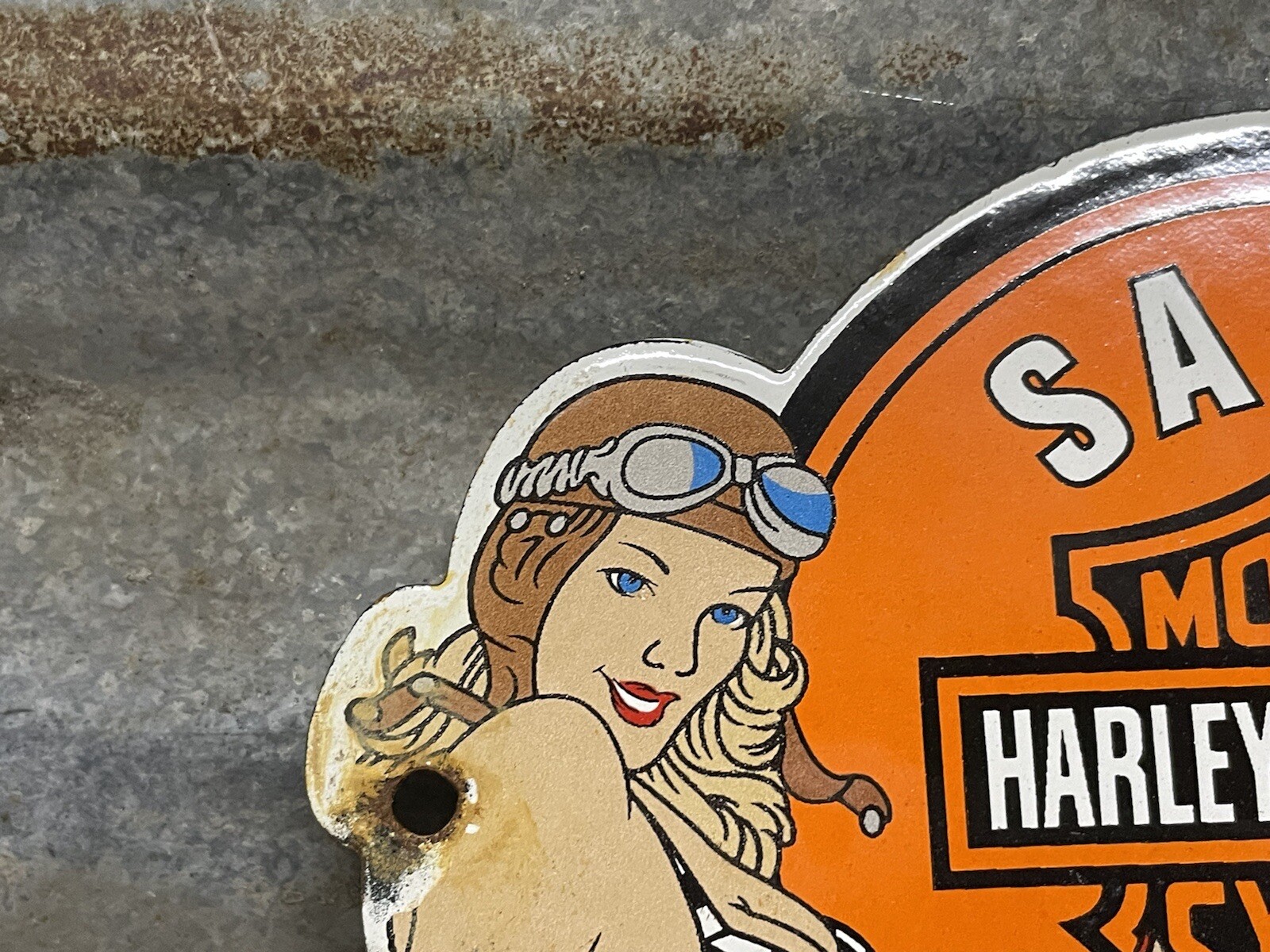 VINTAGE MOTORCYCLE PORCELAIN HARLEY DAVIDSON SIGN SALES GIRL SERVICE GAS PUMP