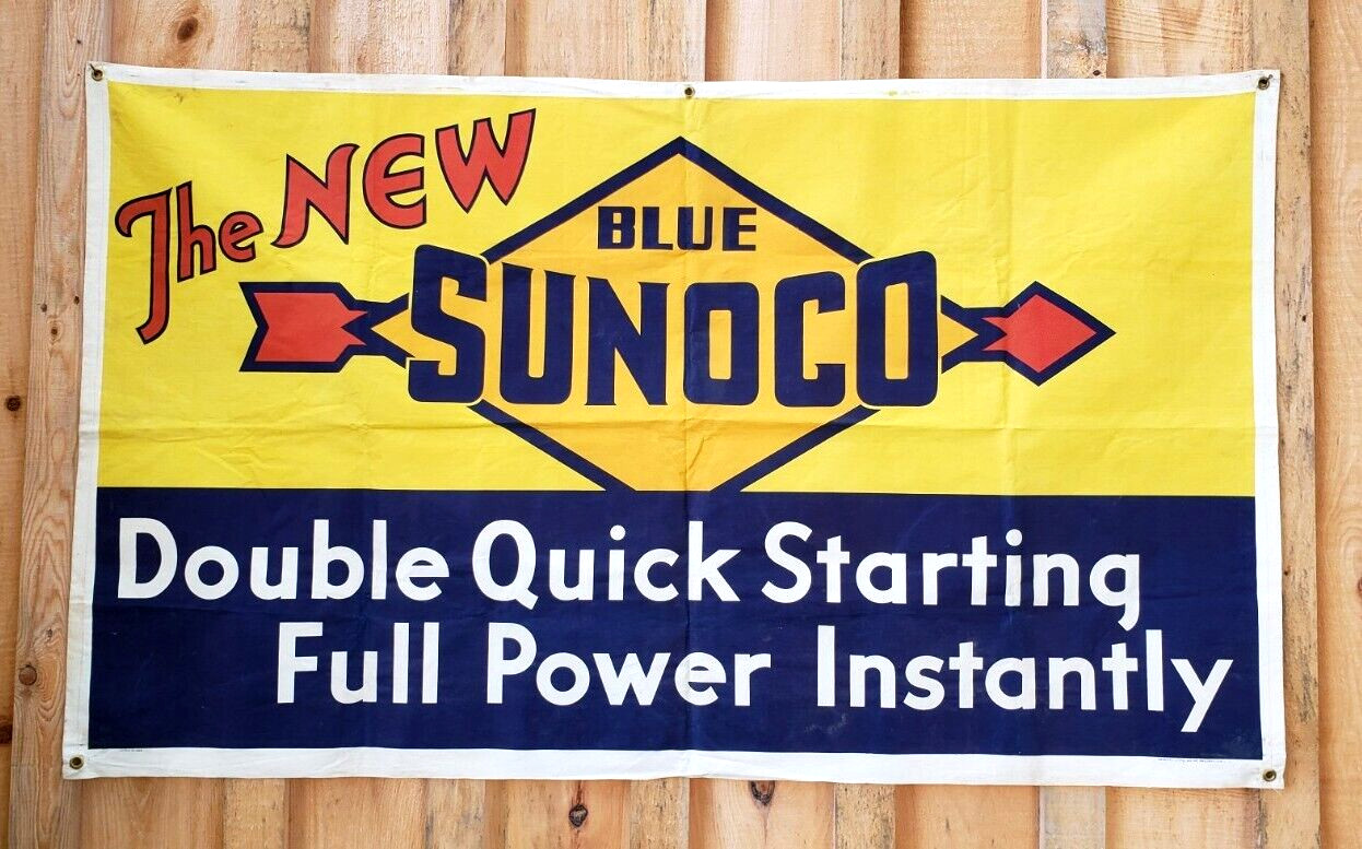RARE Vintage Antique Sunoco Advertising Sign Canvas Banner Gas Station Motor Oil