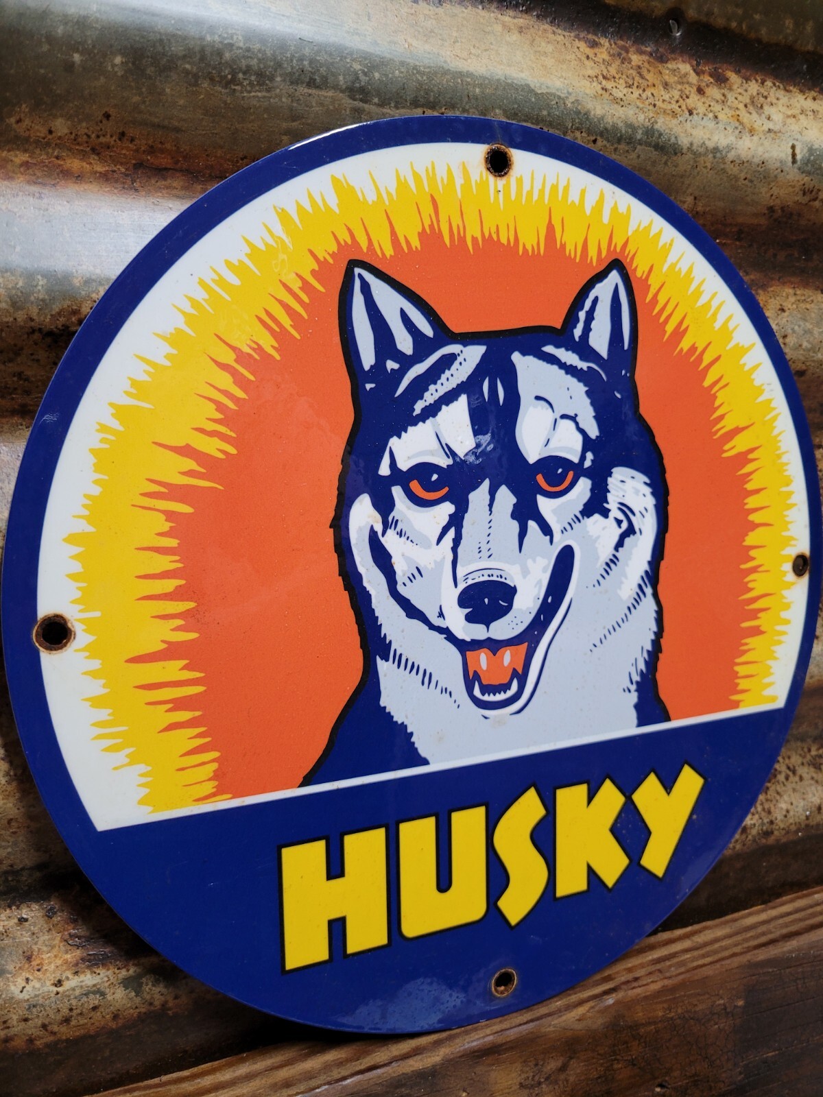 VINTAGE HUSKY PORCELAIN SIGN MOTOR OIL GASOLINE COMPANY AUTO SERVICE SLED DOG