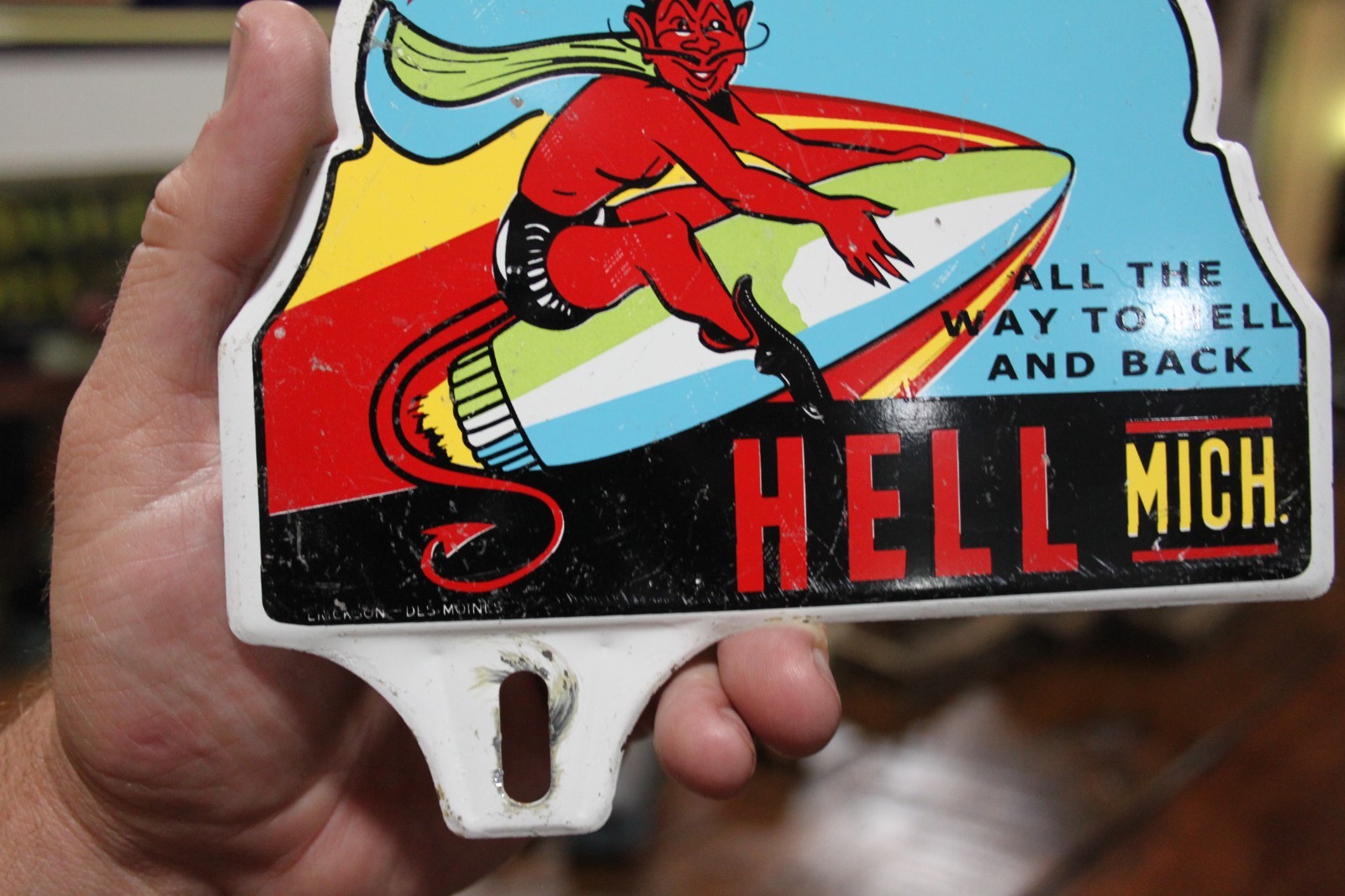 RARE 1950s HELL MICHIGAN SATAN ROCKET STAMPED PAINTED METAL PLATE TOPPER SIGN