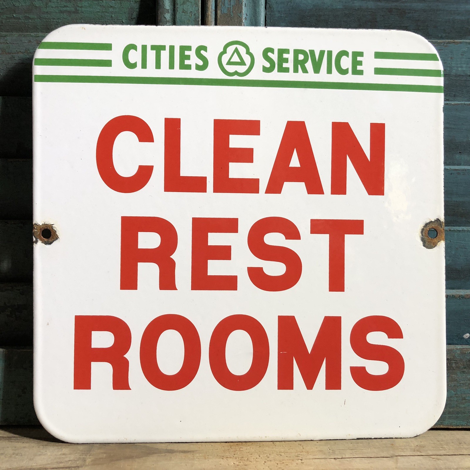 VINTAGE CITIES SERVICE CLEAN REST ROOMS GASOLINE MOTOR OIL 10” PORCELAIN SIGN