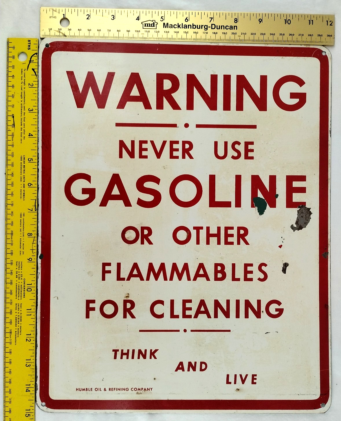 Vintage Humble Warning Never Use Gasoline For Cleaning Painted Metal Sign 12×15″