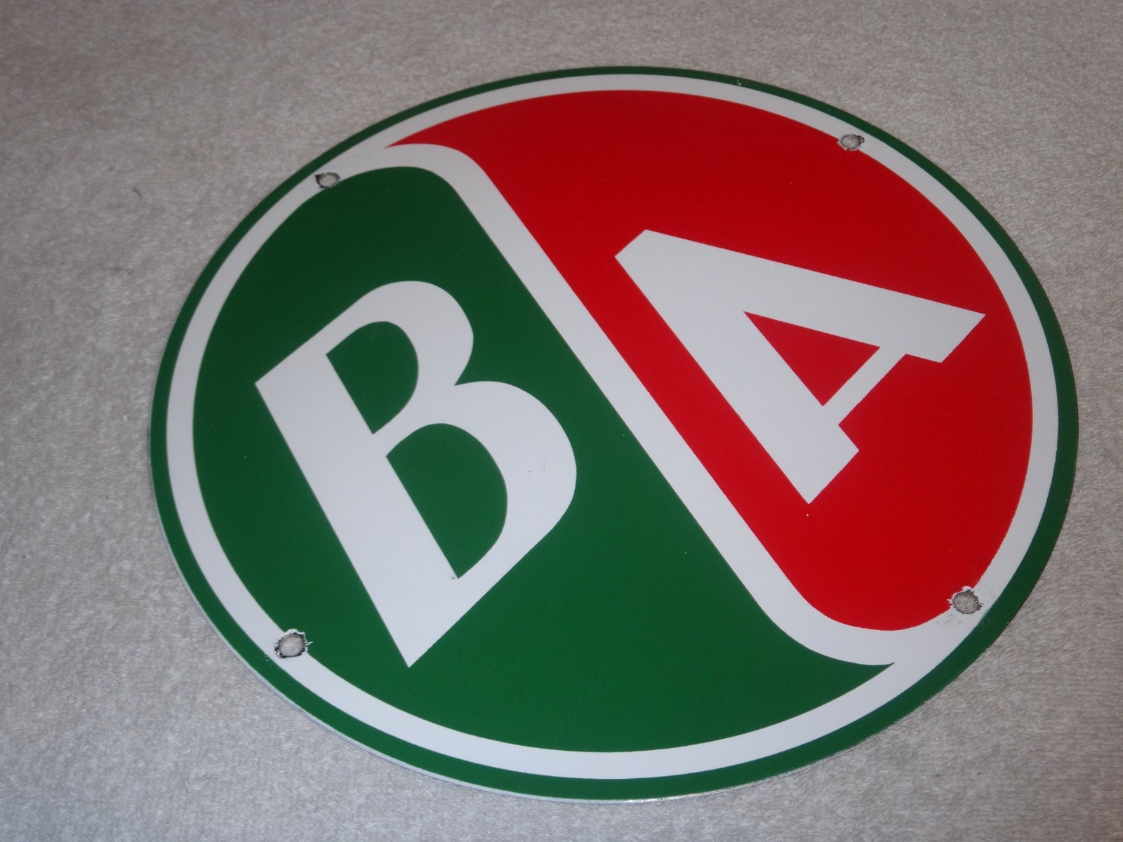VINTAGE B/A “BRITISH AMERICAN GASOLINE STATION” 11 3/4″ PORCELAIN METAL OIL SIGN