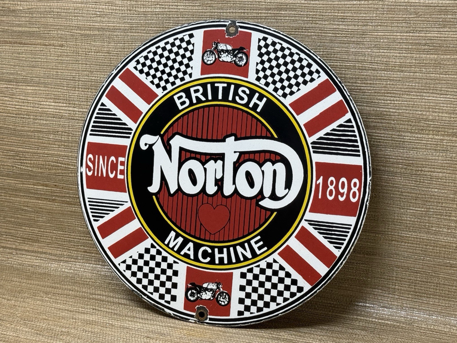 VINTAGE NORTON MOTORCYCLES PORCELAIN SIGN GENERAL MOTORS DEALERSHIP GAS OIL