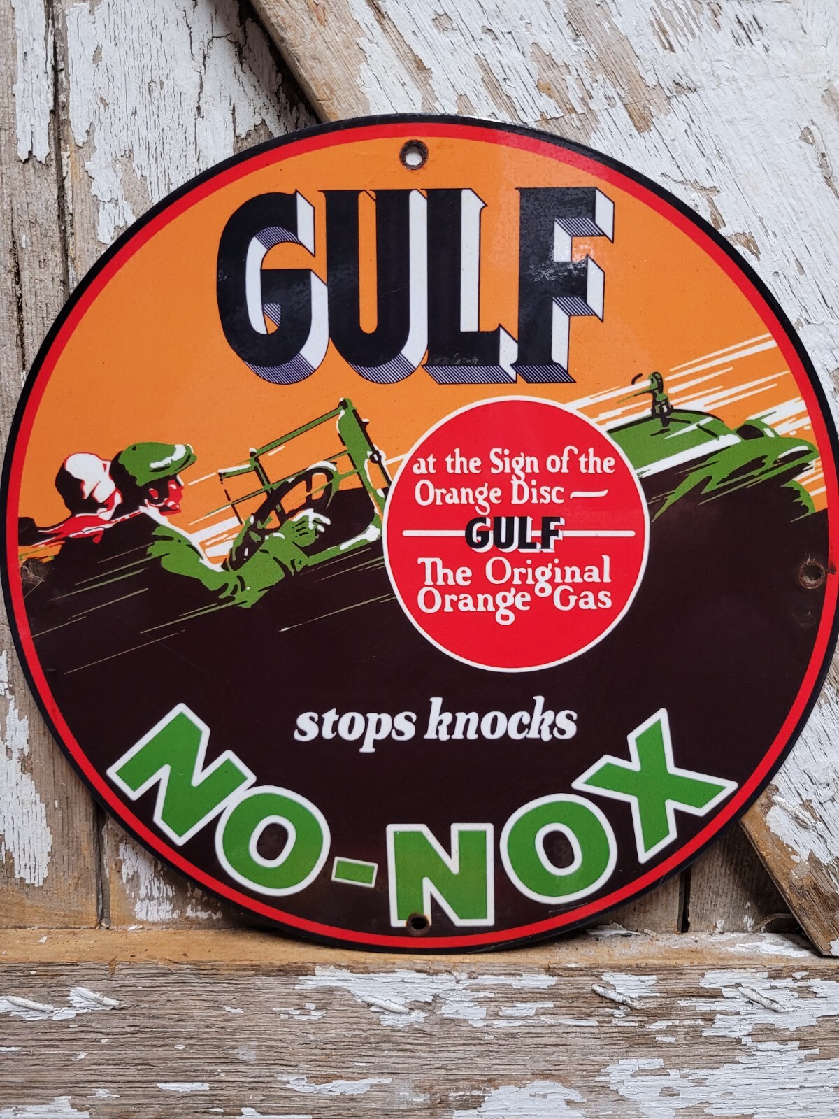 VINTAGE GULF PORCELAIN SIGN NO NOX MOTOR OIL GAS PUMP PLATE CAR ENGINE SERVICE