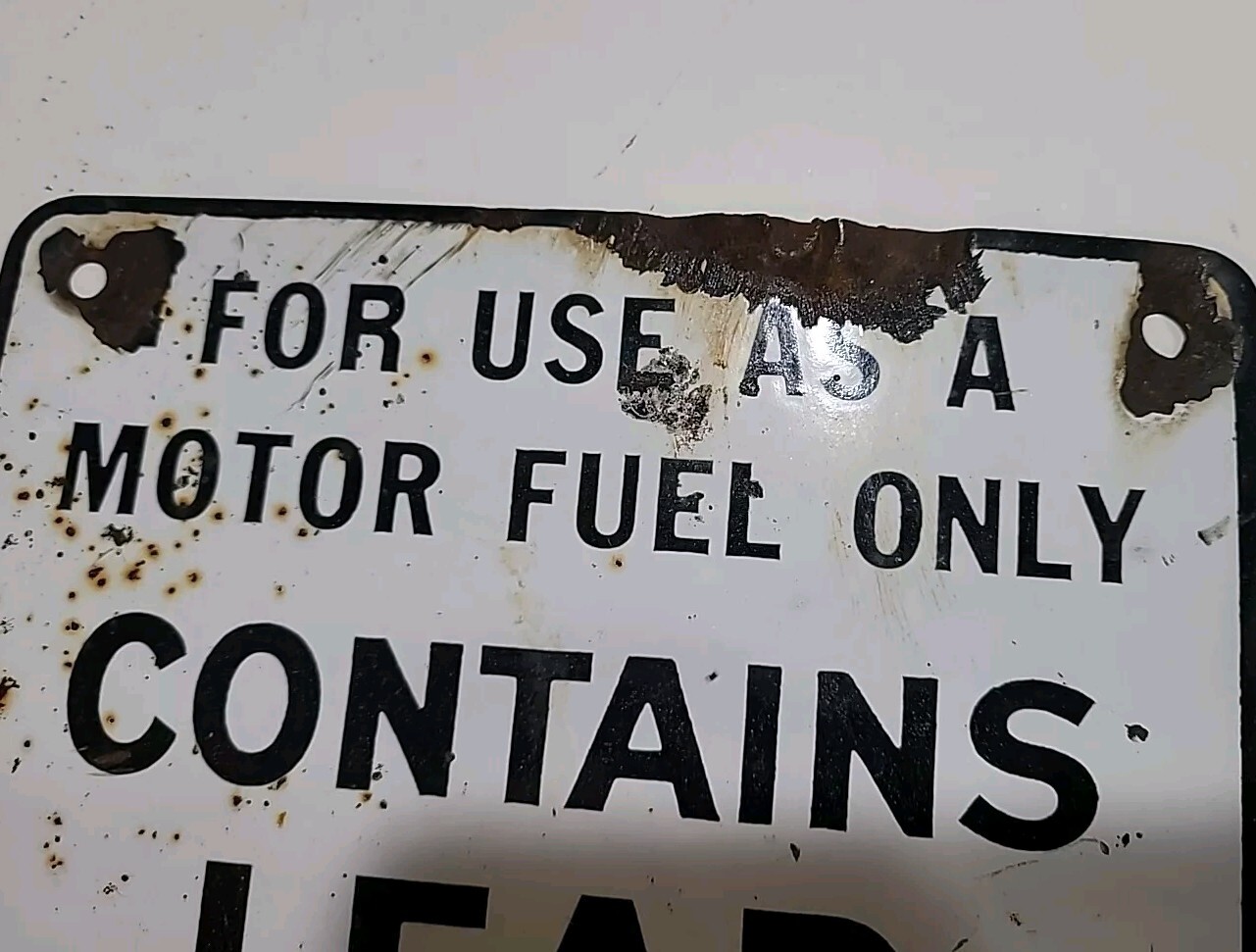 Rare Vtg 2-Sided Blue White Porcelain LEAD Warning Label Gas Pump Sign