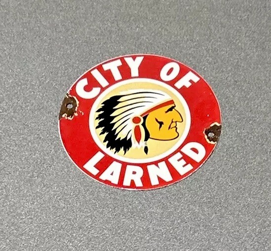 VINTAGE CITY OF LARNED INDIAN PORCELAIN SIGN CAR GAS AUTO OIL