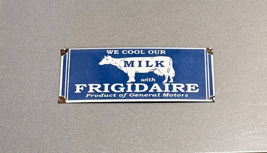 VINTAGE 14” FRIGIDAIRE COW MILK PORCELAIN SIGN CAR GAS TRUCK OIL MOTORCYCLE