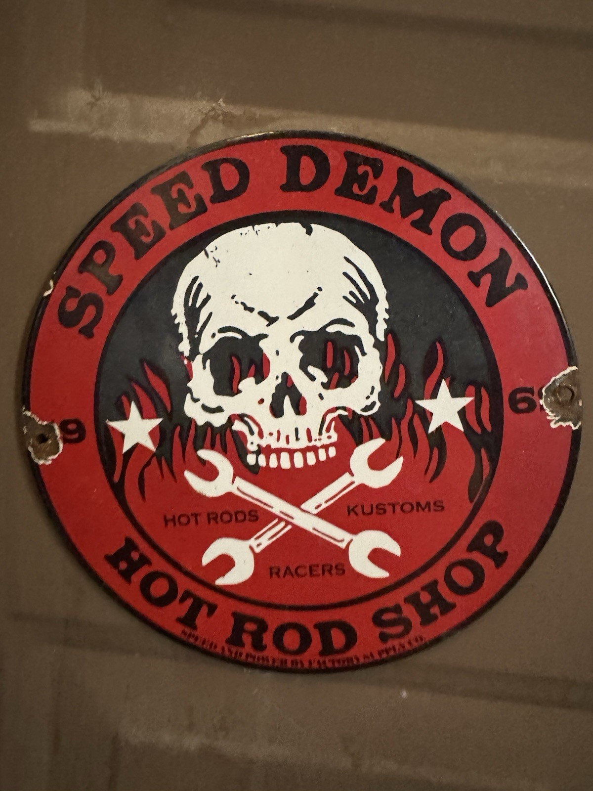 Vintage Hot Rod Shop Sign – Speed Demon Gasoline Service Pump Porcelain Sign 7”