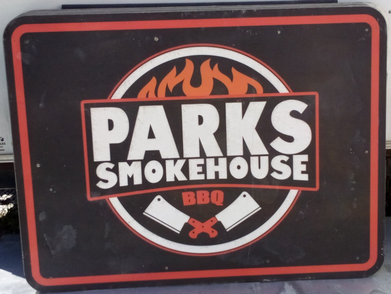 AUTHENTIC RETIRED ADVERTISING HWY EXIT SIGN PARKS SMOKEHOUSE BBQ 48X36 A45
