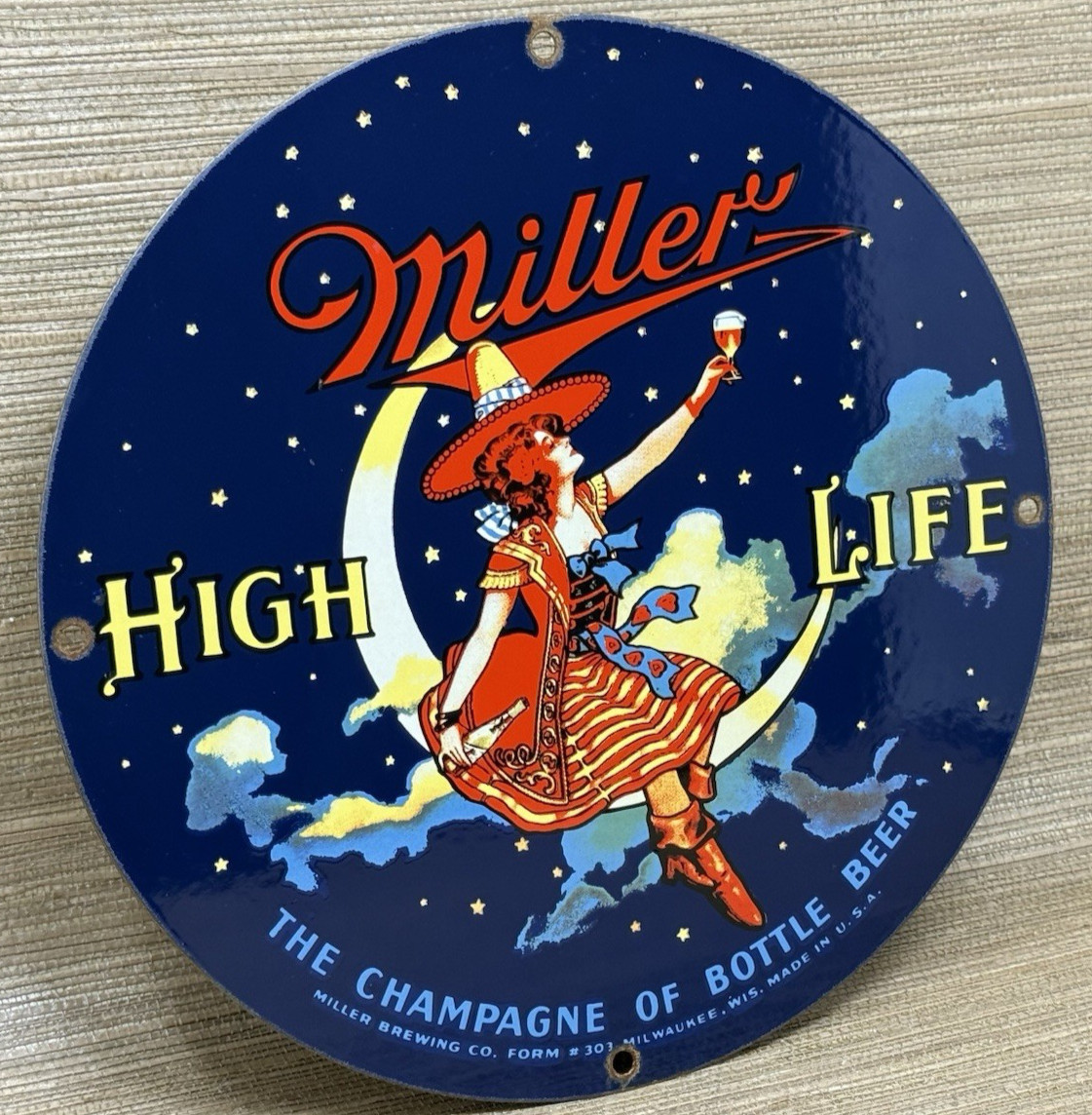 VINTAGE MILLR HIGH LIFE BEER PORCELAIN SIGN GAS STATION OIL LIQUOR STORE BOTTLE
